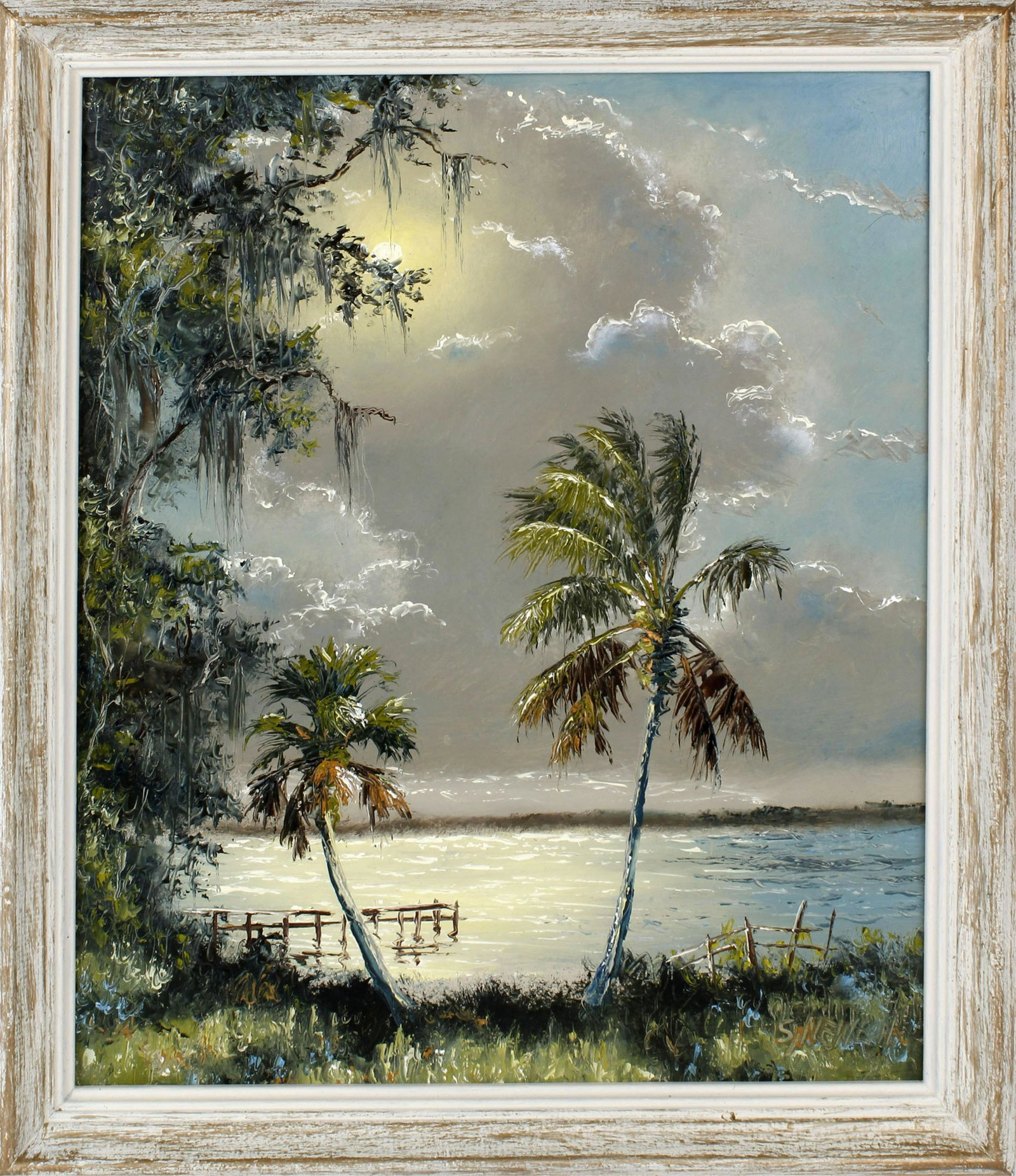 SAM NEWTON FLORIDA HIGHWAYMEN MOONLIT RIVER: Sam Newton, Florida Highwaymen artist , oil on upson. Moonlit River scene with beautiful palm trees swaying in the breeze. Signed lower right, board measures 16" x 20" Condition: Very Fine.