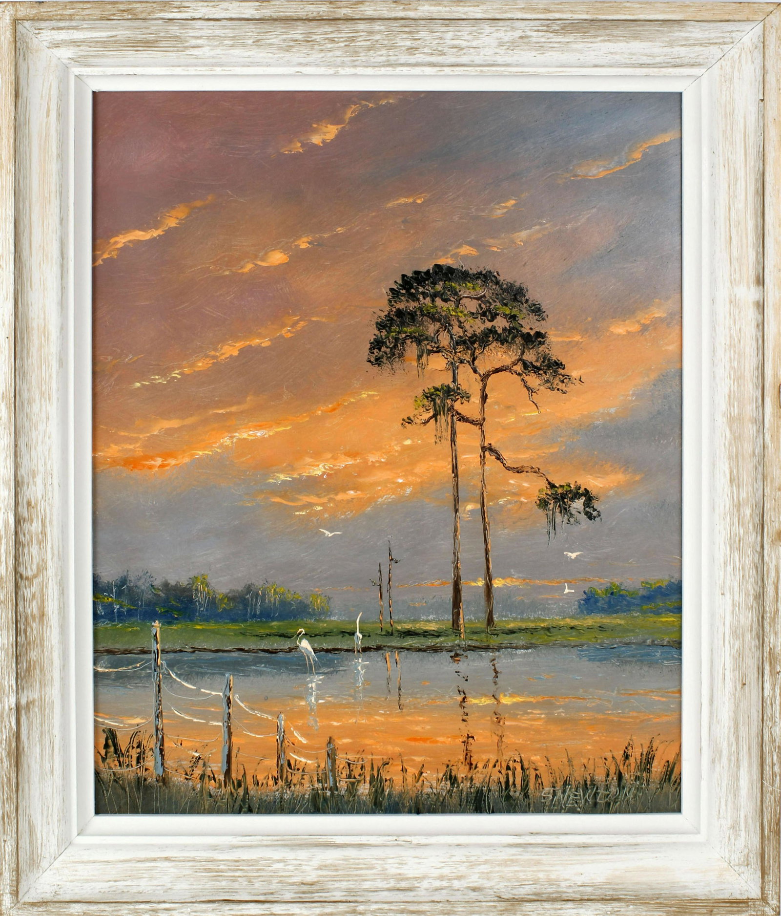 SAM NEWTON FLORIDA HIGHWAYMEN WETLAND SCENE: Sam Newton, Florida Highwaymen artist , oil on upson. Wetland scene with pink and purple sky. Signed lower right, board measures 16" x 20" Condition: Very Fine.