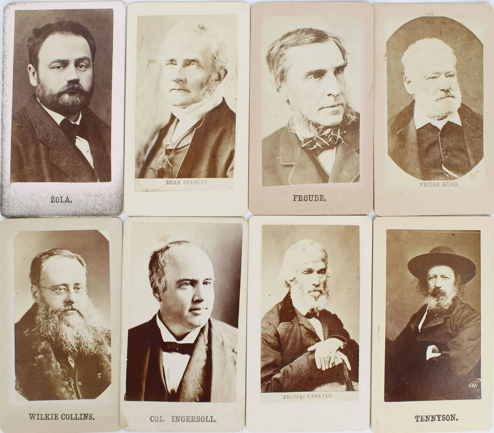 COLLECTION OF CARTES DE-VISITE LITERARY WRITERS: Collection of 8 historical writer cartes de-visite to include: Alfred Tennyson, Victor Hugo, James Anthony Froude, Thomas Carlyle, Robert G. Ingersoll, Wilkie Collins, Emile Zola, Arthur Penrhyn "Dean
