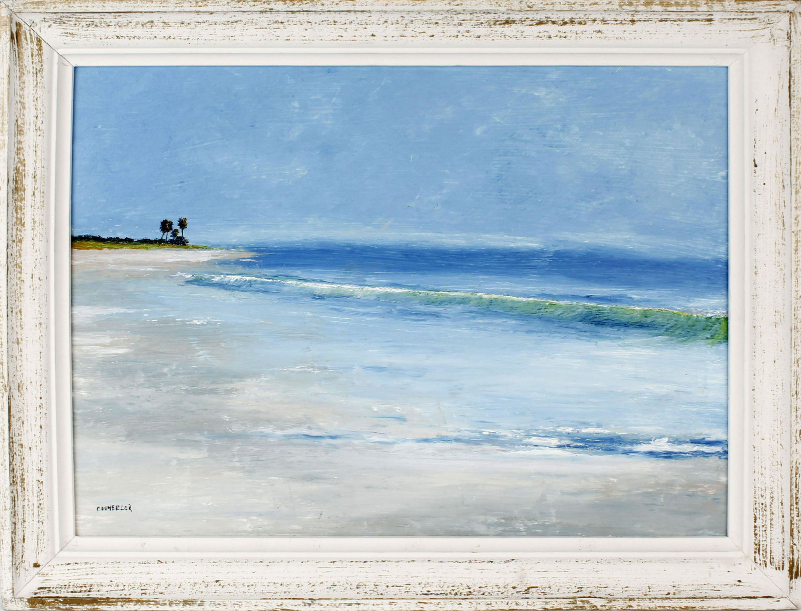 CHICO WHEELER FLORIDA HIGHWAYMEN PEACEFUL BEACH: Chico Wheeler, Florida Highwaymen artist, oil on masonite. St. Lucie beach scene with dark stormy clouds and crashing white top waves. Board measures 20" x 16", signed lower right. Condition: Very Fin