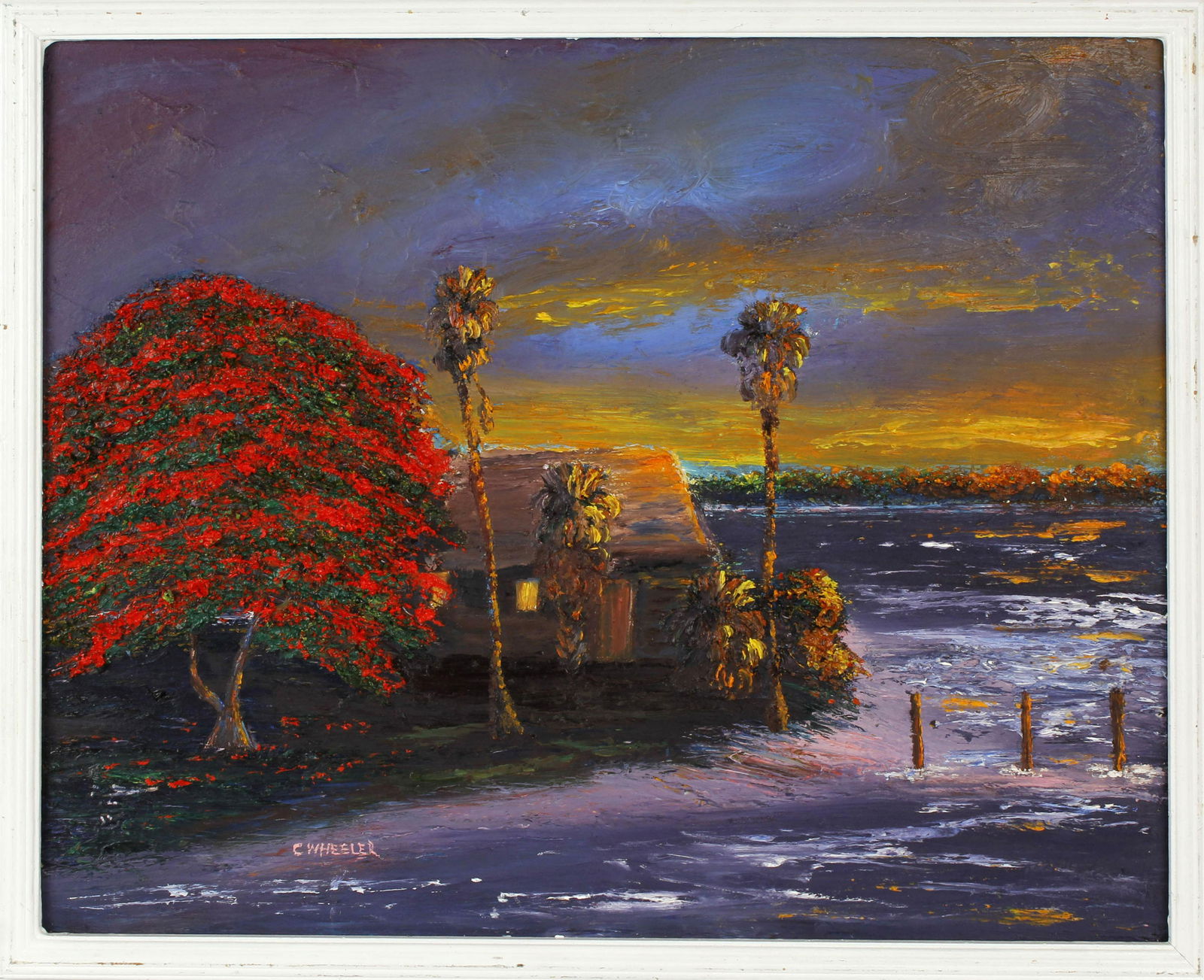 CHICO WHEELER FLORIDA HIGHWAYMEN POINCIANA TREE: Chico Wheeler, Florida Highwaymen artist, oil on masonite. Vivid red Royal Poinciana tree framing the painting with towering palm trees along the river and a house in the trees. Board measures 16" x 2