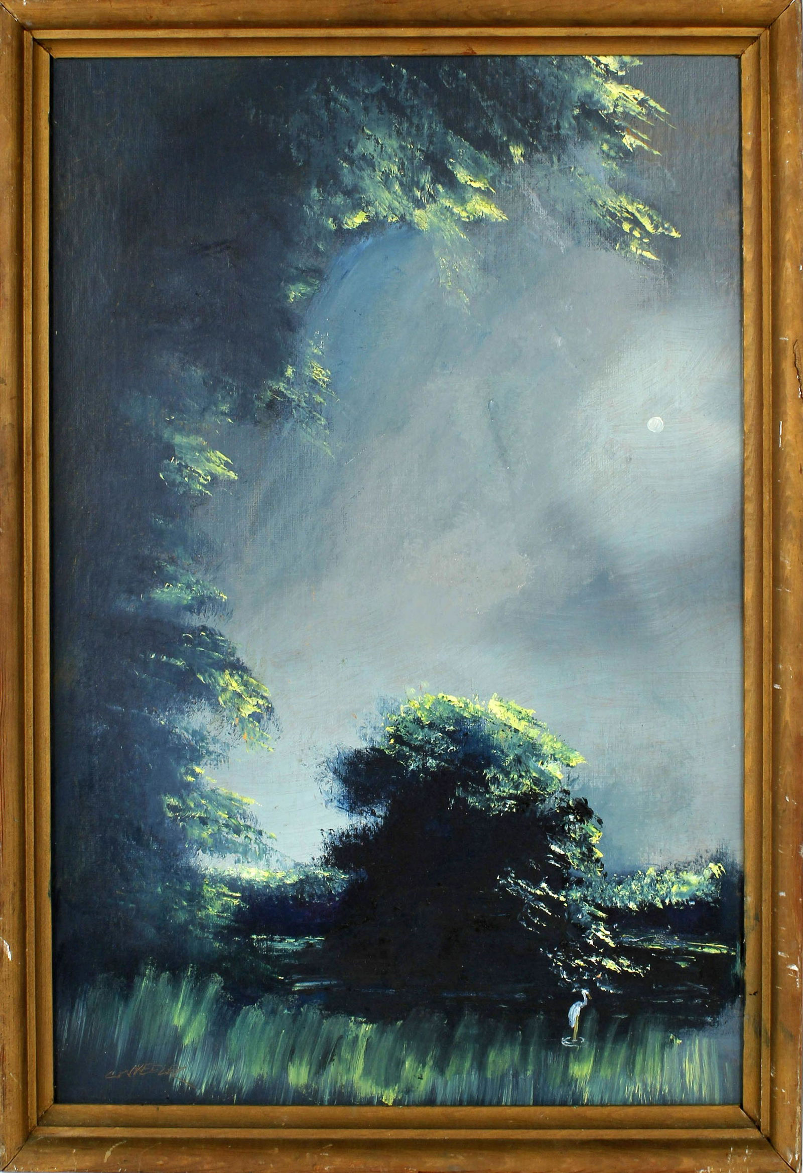 CHICO WHEELER FLORIDA HIGHWAYMEN ST. LUCIE RIVER: Chico Wheeler, Florida Highwaymen artist, oil on masonite. St. Lucie river moonlit scene with misty waters. Board measures 16" x 24", signed lower left. Signed on reverse by Al Black verifying that th