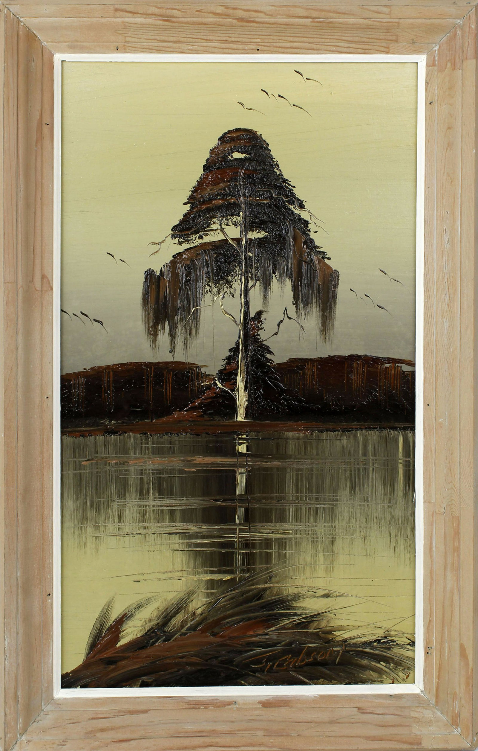 JAMES GIBSON FLORIDA HIGHWAYMEN MONOCHROMATIC: James Gibson, Florida highwaymen artist, oil on upson. Monochromatic river scene with a cypress tree looming over the reflective water. Signed lower right, board measures 13" x 22". Condition: Very Fi
