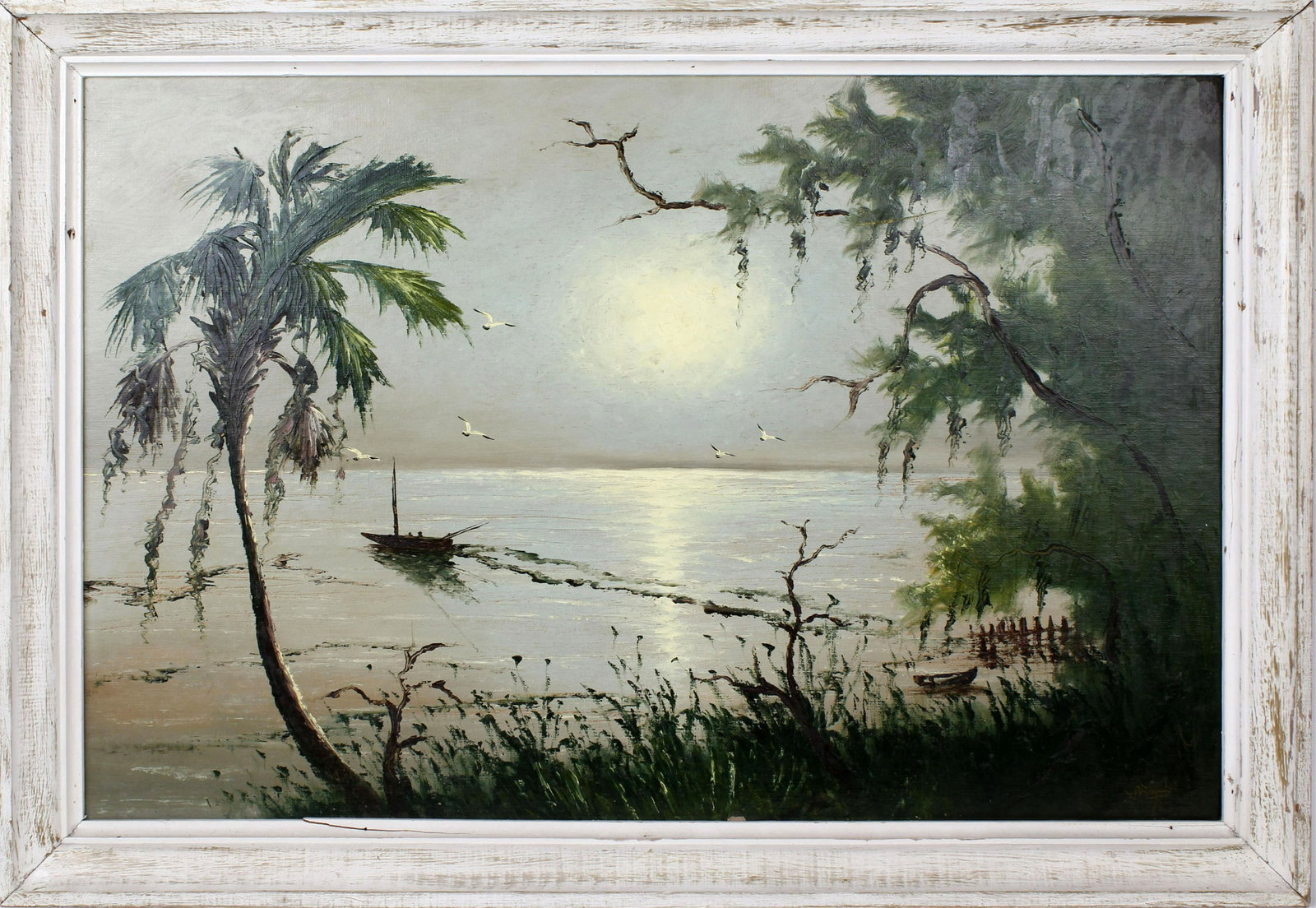 JOHNNY DANIELS FLORIDA HIGHWAYMEN ST. LUCIE RIVER: Johnny Daniels, Florida Highwaymen artist, oil on upson. St. Lucie river moonlit scene with a fisherman boat on the water. Board measures 24" x 36", signed lower right. Condition: Very Fine.