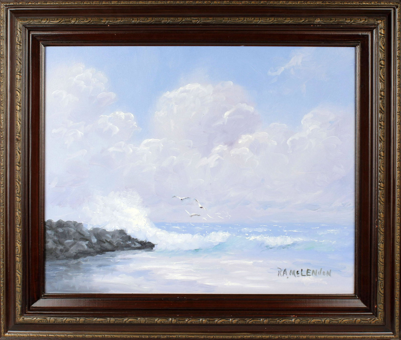 R.A. MCLENDON FLORIDA HIGHWAYMEN CRASHING WAVES: R.A. McLendon, Florida Highwaymen artist, oil on canvas. Beautiful beach scene with white top crashing waves along the rocky shore. Canvas measures 16" x 20", signed lower right. Condition: Very Fine