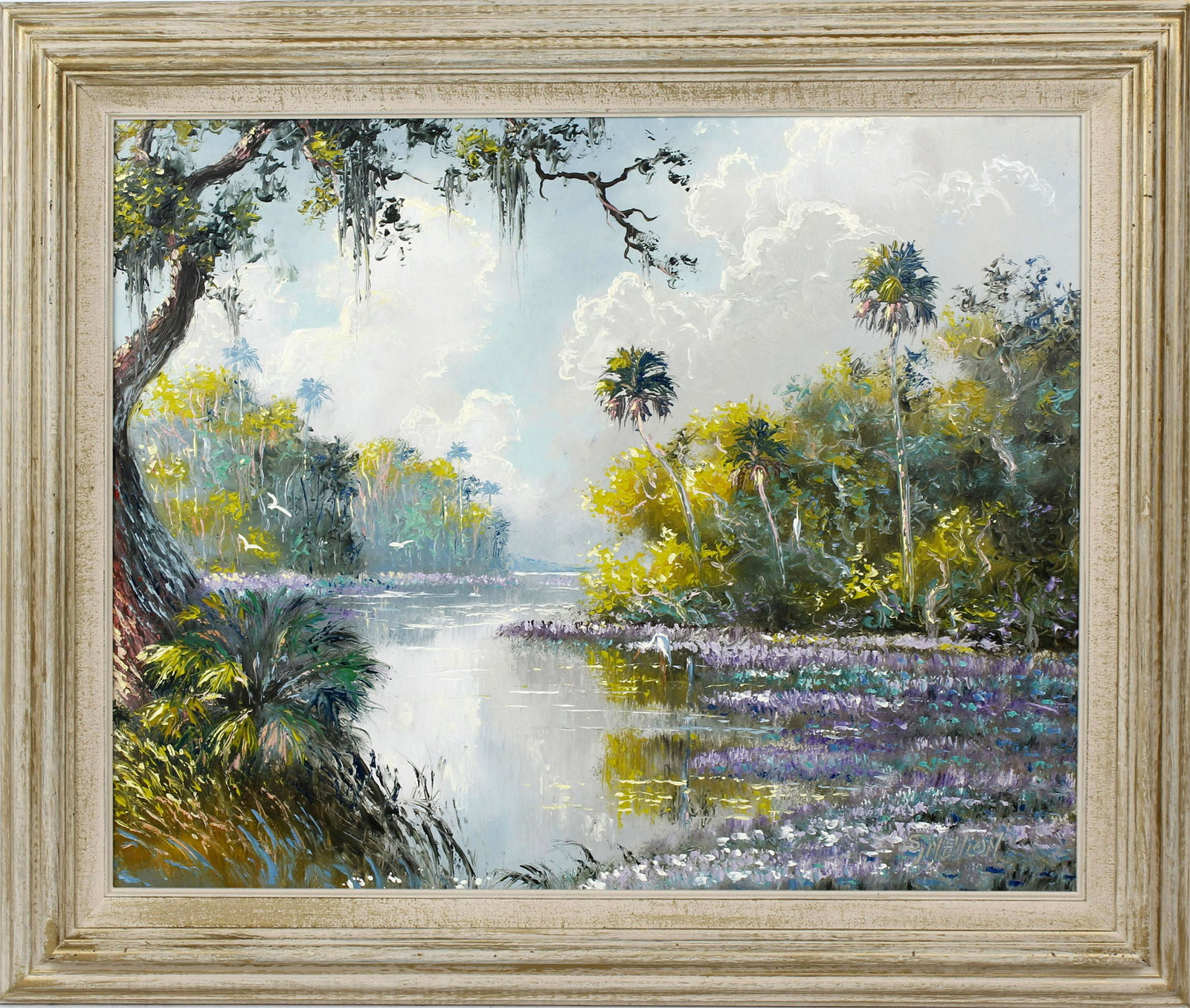 SAM NEWTON FLORIDA HIGHWAYMEN ST. LUCIE RIVER: Sam Newton, Florida Highwaymen artist, oil on masonite. Beautiful St. Lucie river scene with purple flowers along the bank of the river. Signed lower right, board measures 16" x 20" Condition: Very Fi