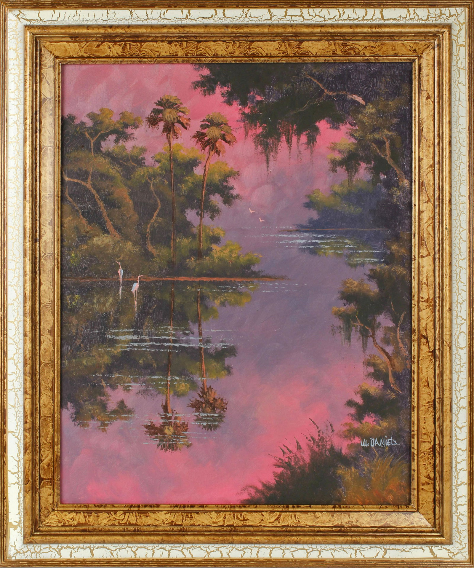 WILLIE DANIELS FLORIDA HIGHWAYMEN ST. LUCIE RIVER: Willie Daniels, Florida Highwaymen artist, oil on board. St. Lucie river scene with vivid pink sky. Board measures 16" x 20", signed lower right. Condition: Very Fine.