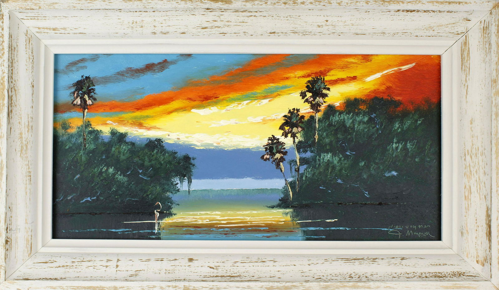 JOHN MAYNOR FLORIDA HIGHWAYMEN ST. LUCIE RIVER: John Maynor, Florida Highwaymen artist, oil on masonite. St. Lucie river scene vibrant rainbow sky and high relief details. Board measures 24" x 12", signed lower right. Condition: Very Fine.