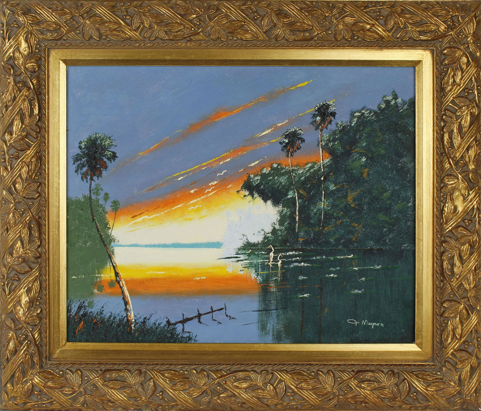 JOHN MAYNOR FLORIDA HIGHWAYMEN ST. LUCIE RIVER: John Maynor, Florida Highwaymen artist, oil on masonite. St. Lucie river scene with bright purple and orange sunset sky over still reflective waters . Board measures 16" x 20", signed lower right. Con