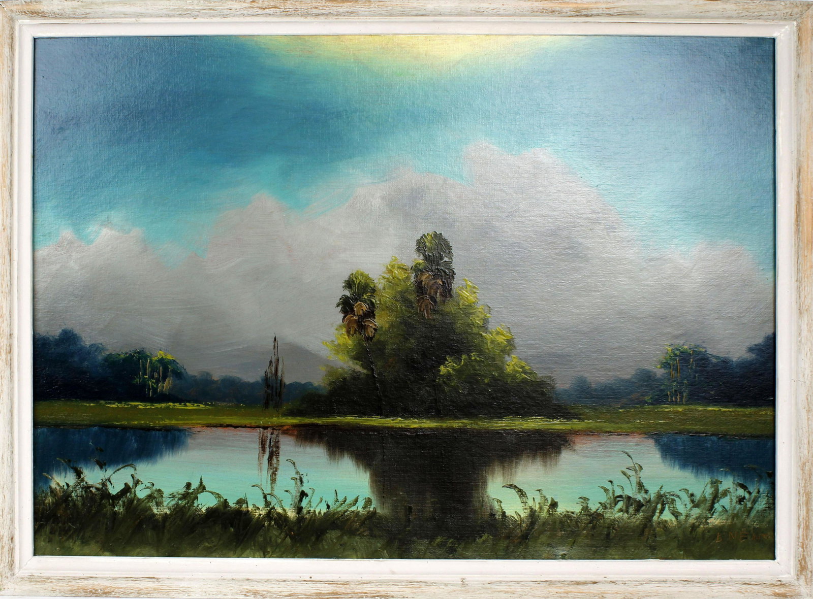 LEMUEL NEWTON FLORIDA HIGHWAYMEN WETLAND SCENE: Lemuel Newton, Florida highwaymen artist, oil on board. Stunning Florida St. Lucie wetland scene. Board measures 24" x 36", signed lower right. Condition: Very Fine.