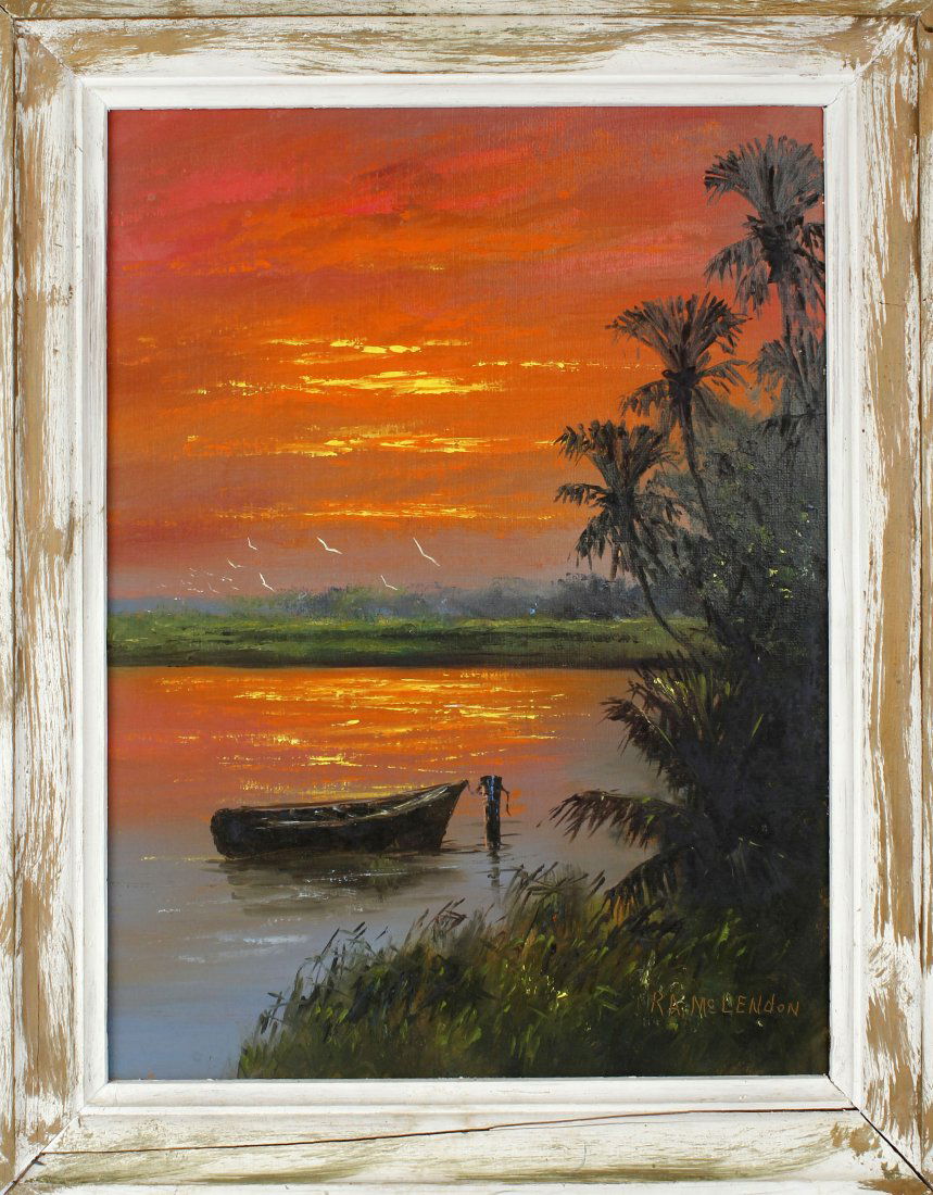 R.A. MCLENDON FLORIDA HIGHWAYMEN ARTIST SUNSET: R.A. McLendon, Florida Highwaymen artist, oil on board. Beautiful Fire sky sunset scene with a canoe tethered to the shore. Board measures 18" x 24", signed lower right. broken frame.