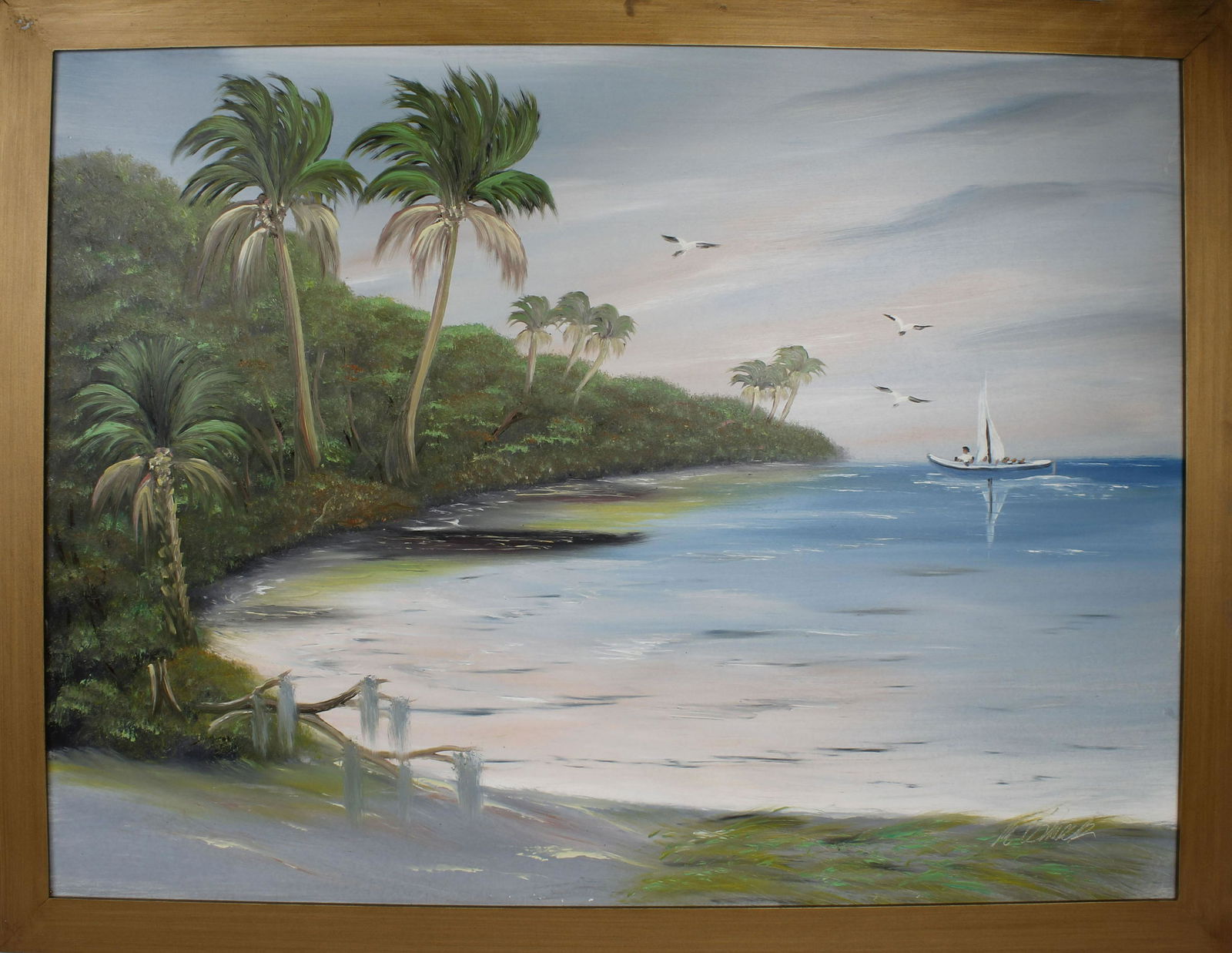 AL BLACK FLORIDA HIGHWAYMEN RIVER FISHING TRIP: Al Black florida highwaymen painting. 30 x 40 oil on masonite in a gold frame. A gentle breeze sweeps the shoreline in this beautiful scene of a fishing expedition on the river. Size: 30 x 40