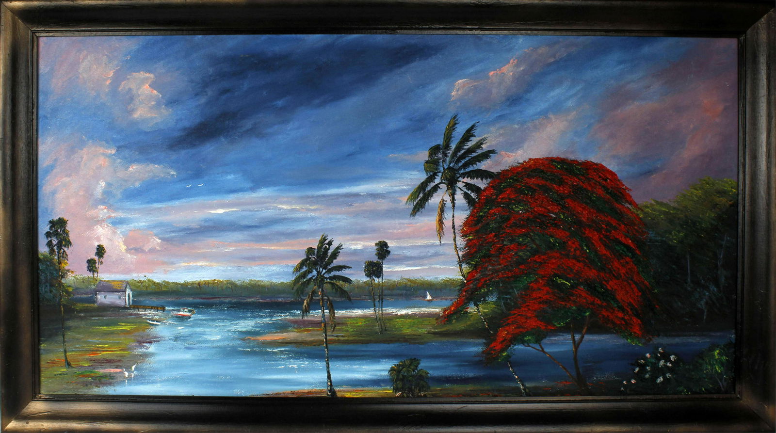 CHICO WHEELER FLORIDA HIGHWAYMEN POINCIANA RIVER: Chico Wheeler, Florida Highwaymen artist, oil on masonite. Stunning large scale Royal Poinciana tree scene on the St. Lucie river with superb detail including a boat house with a palm trees swaying in
