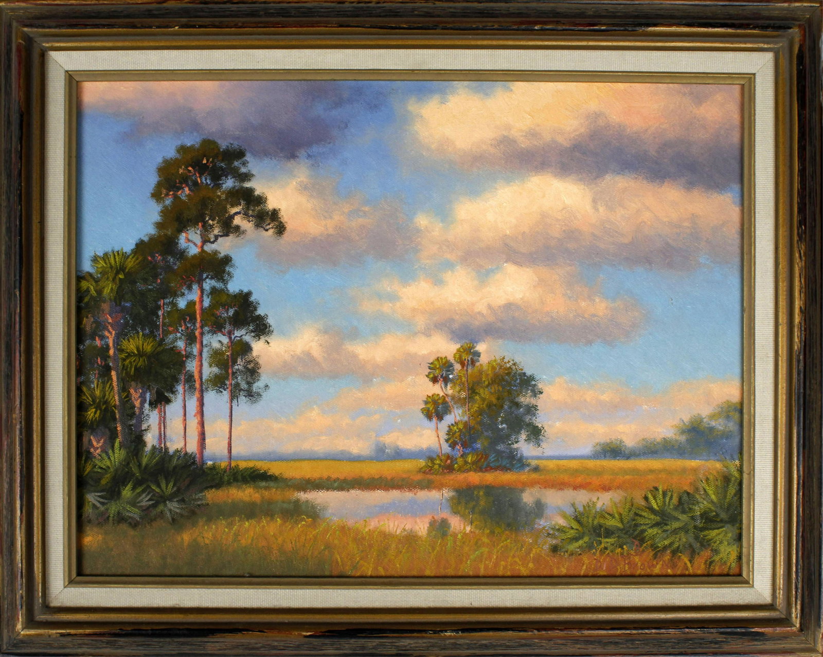 DON D. BROWN FLORIDA ARTIST INDIAN RIVER SCHOOL: Don D. Brown, Florida artist Indian River School, Oil on canvas. Beautiful Florida wetland scene with pink rolling clouds amidst a calm evening at twilight. Signed lower right, canvas measures 12" x16