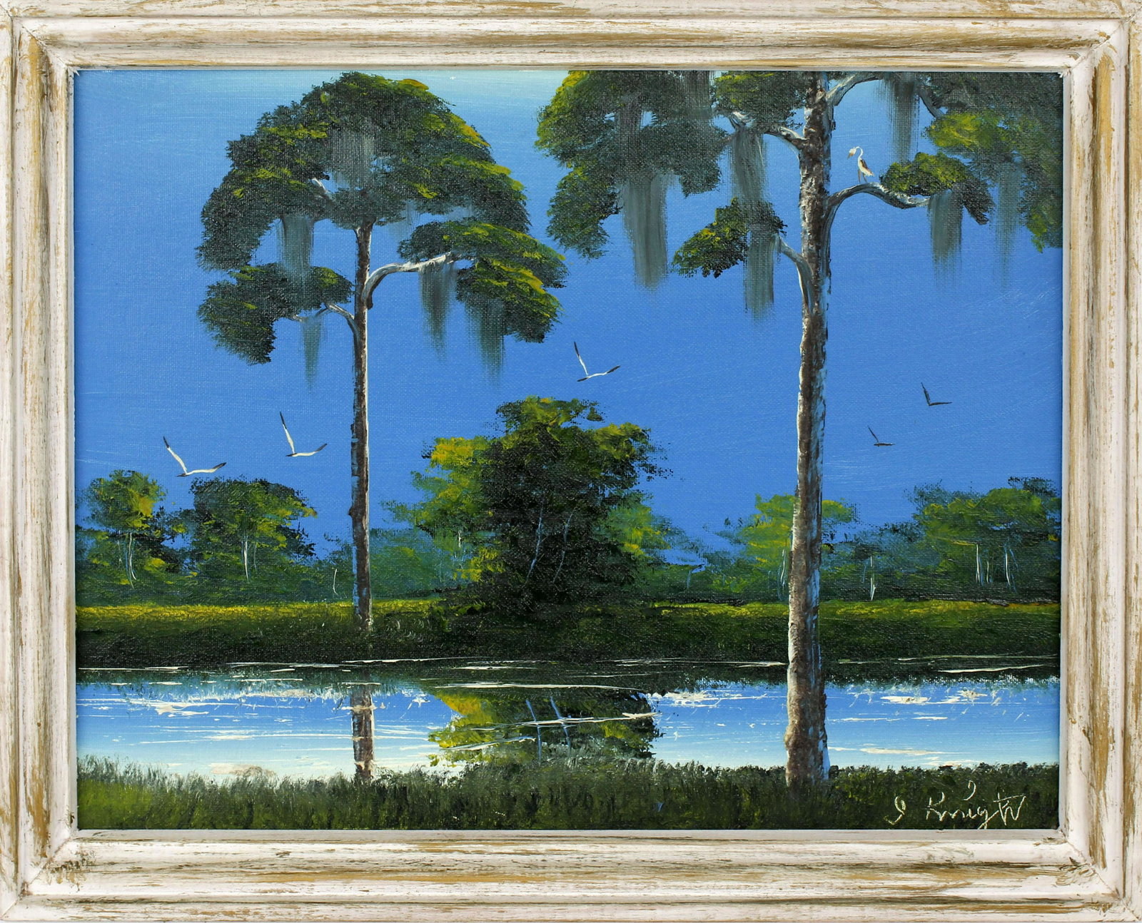 ISAAC KNIGHT FLORIDA HIGHWAYMEN BLUE RIVER SCENE: Isaac Knight, Florida Highwaymen artist, oil on board. Moonlit blue St. Lucie river scene with calm reflective waters and tall towering cypress trees. Signed lower right, board measures 14" x 18" Cond