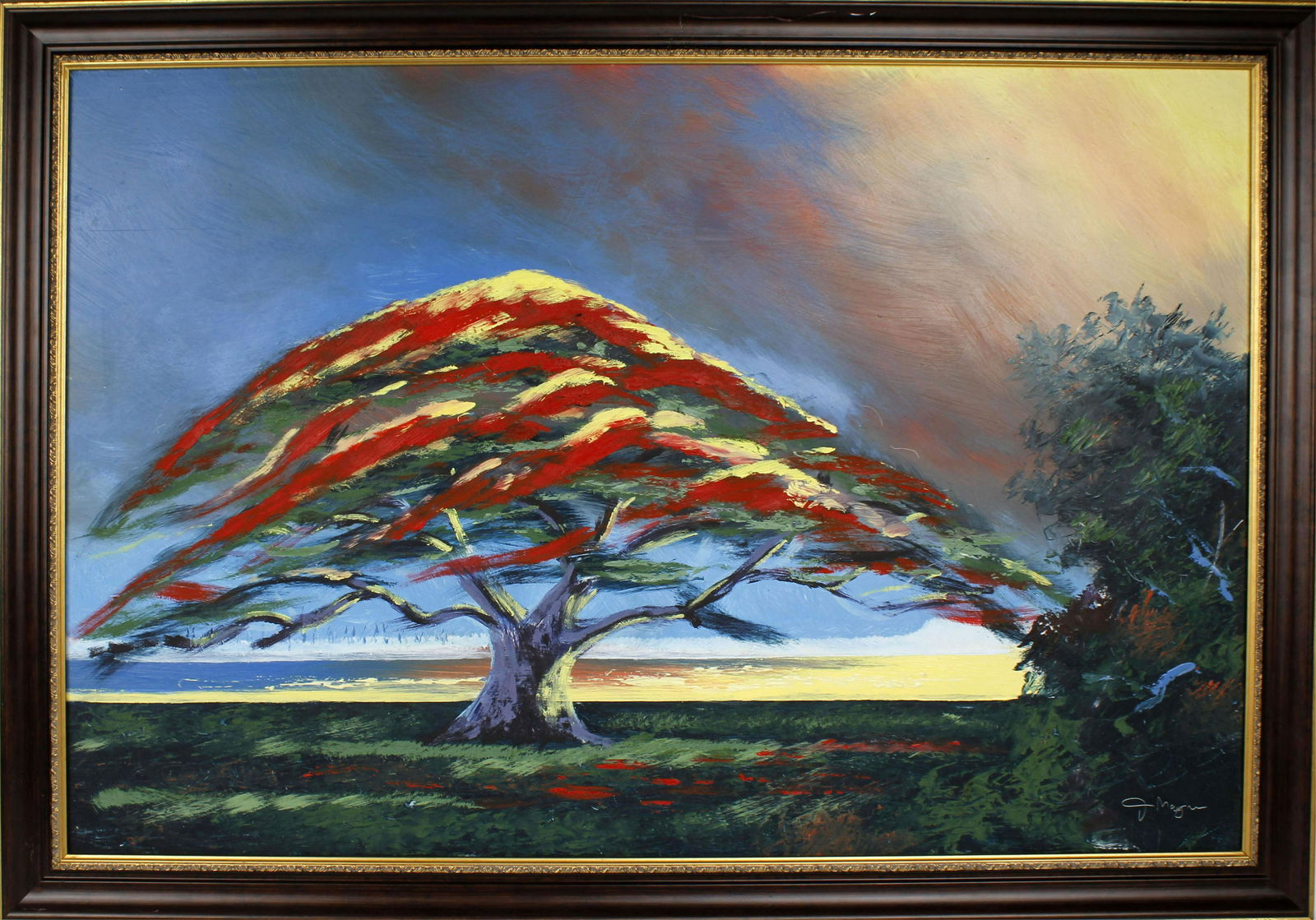 JOHN MAYNOR FLORIDA HIGHWAYMEN ROYAL POINCIANA: John Maynor, Florida Highwaymen artist, oil on masonite. Deep blue horizon with a setting sun and a Royal Poinciana tree reflecting the sunlight. Signed lower right, board measures 24" x 36" Condition