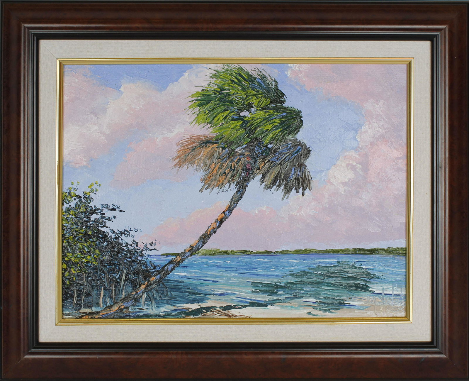 MARK STANFORD FLORIDA ARTIST PERFECT DAY: Mark Stanford Florida Artist Perfect Day. 16x12 all palette knife oil painting on artist board. Full lilac clouds dance in the Eastern breeze against a perfect blue sky. A single palm tree sways in th