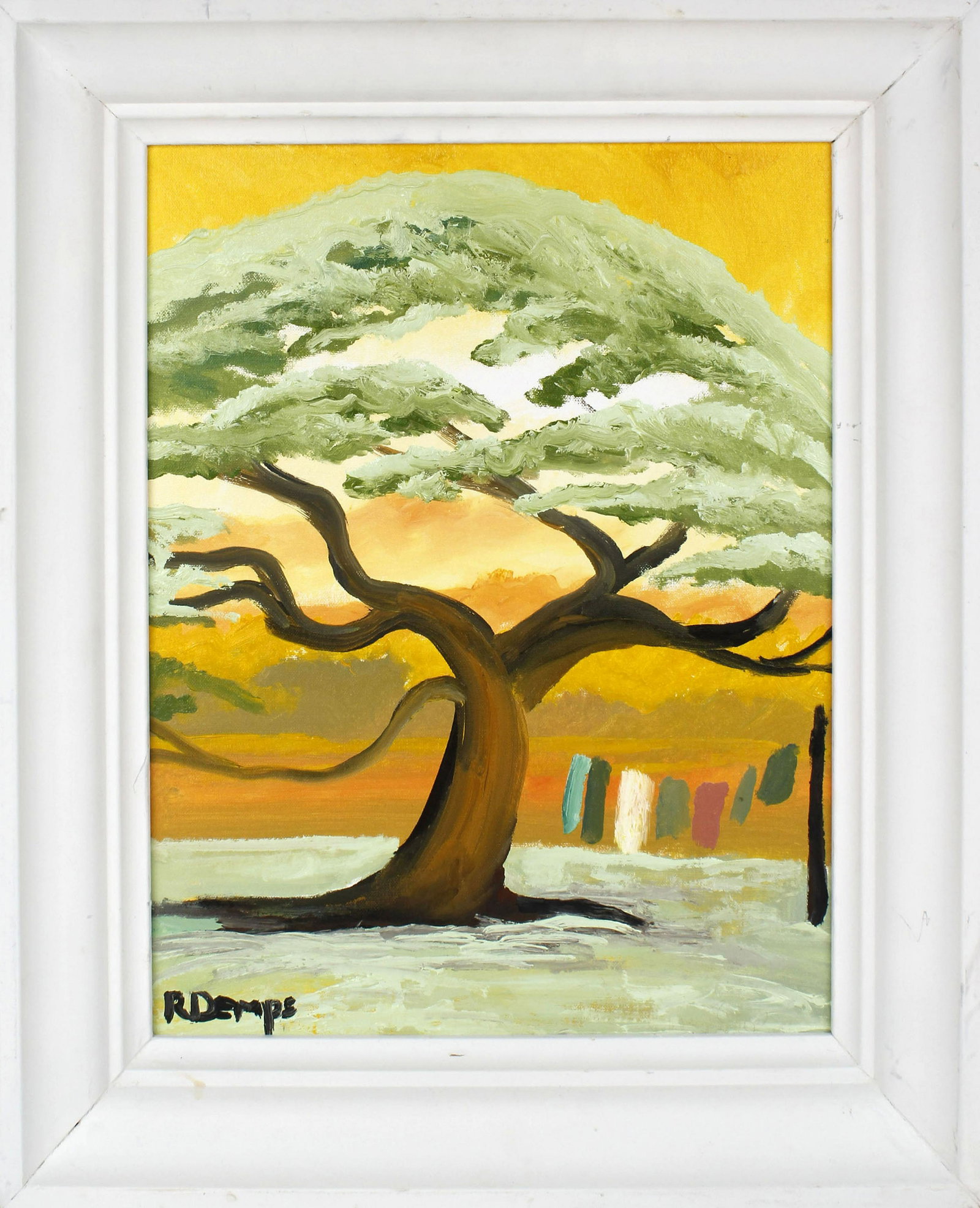 RODNEY DEMPS FLORIDA HIGHWAYMEN HANGING LAUNDRY: Rodney Demps, Florida Highwaymen artist, oil on artist board. Laundry hanging on the line in this sunset scene with orange and yellow skies in the background. Signed lower left, board measures 16" x 2