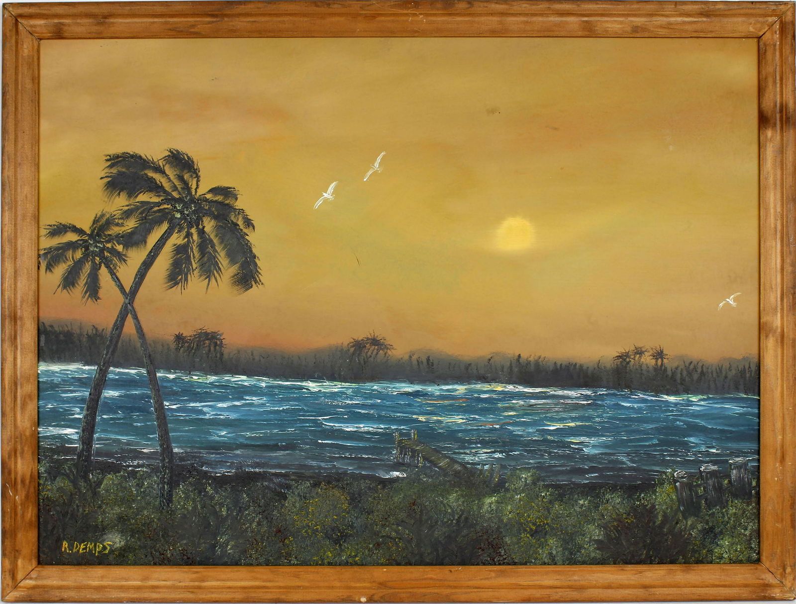 RODNEY DEMPS FLORIDA HIGHWAYMEN MISTY SUNRISE: Rodney Demps Florida highwaymen 24x32 oil on masonite. The sun rises on a misty morning over the river. Signed lower left corner. Size: 24x32 Condition: Very Fine