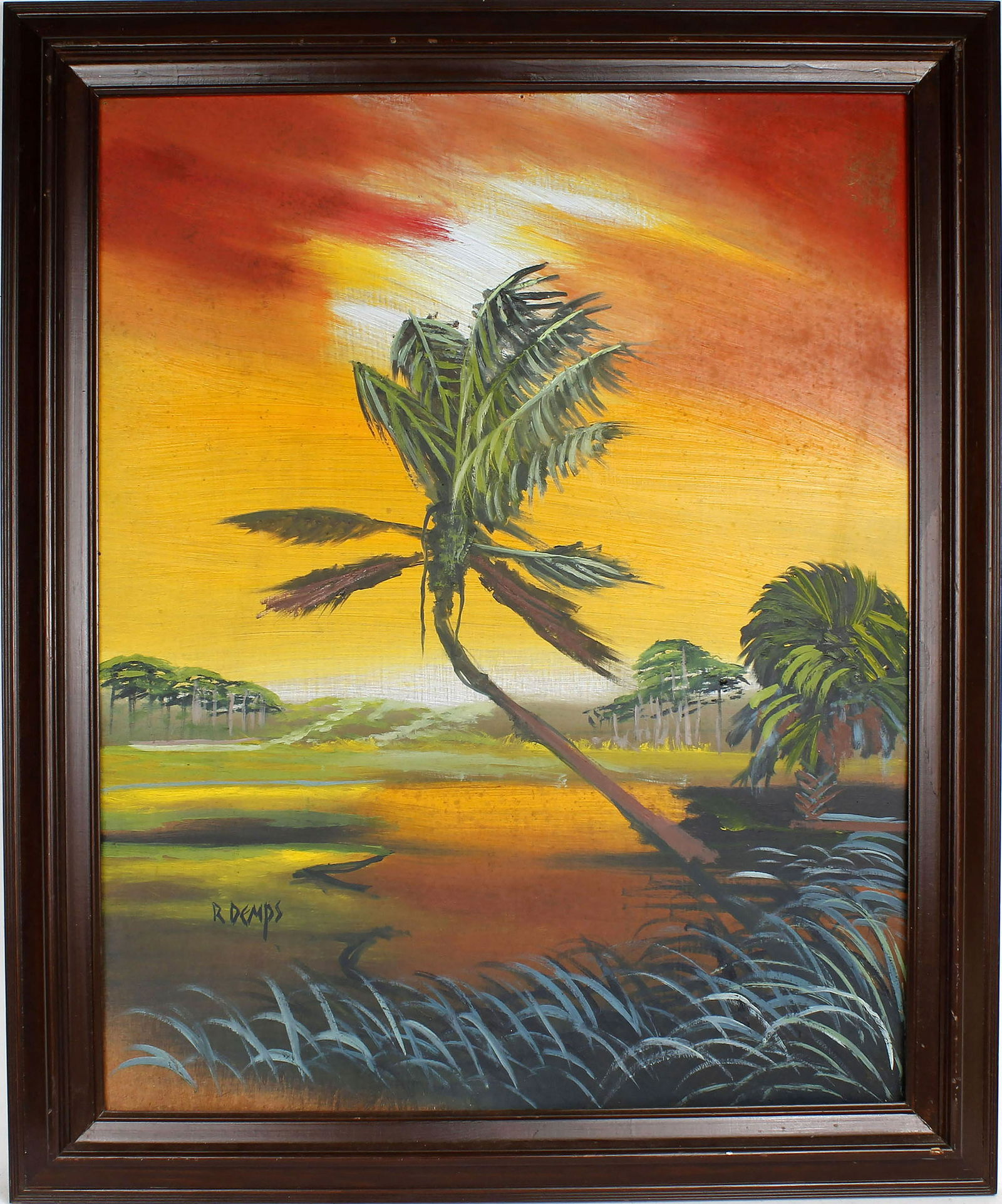 RODNEY DEMPS FLORIDA HIGHWAYMEN SUNSET PALM: Rodney Demps Florida highwaymen 24x30 oil on masonite. A lonely palm tree leans out against a vibrant sunset. Signed lower left corner. Size: 24x30 Condition: Very Fine