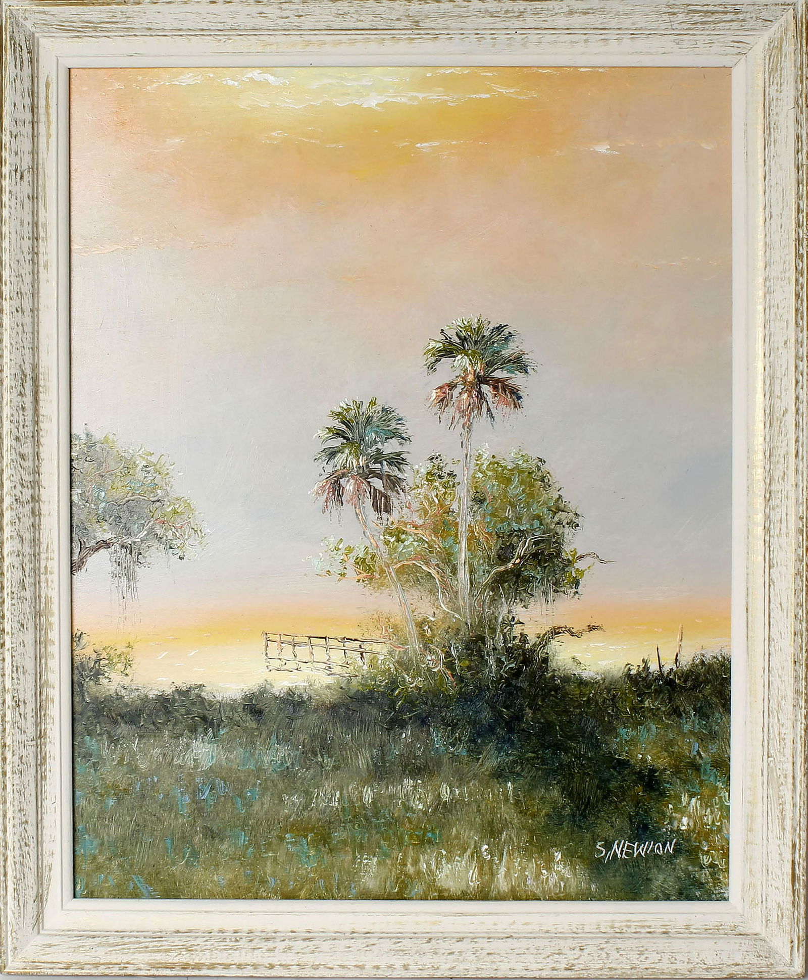 SAM NEWTON FLORIDA HIGHWAYMEN CALM MIDDAY: Sam Newton Florida highwaymen 16x20 oil on masonite. Soft oranges and yellows dazzle against the greenery and dock on this gorgeous midday by the water. Signed lower right corner. Size: 16x20 Conditio