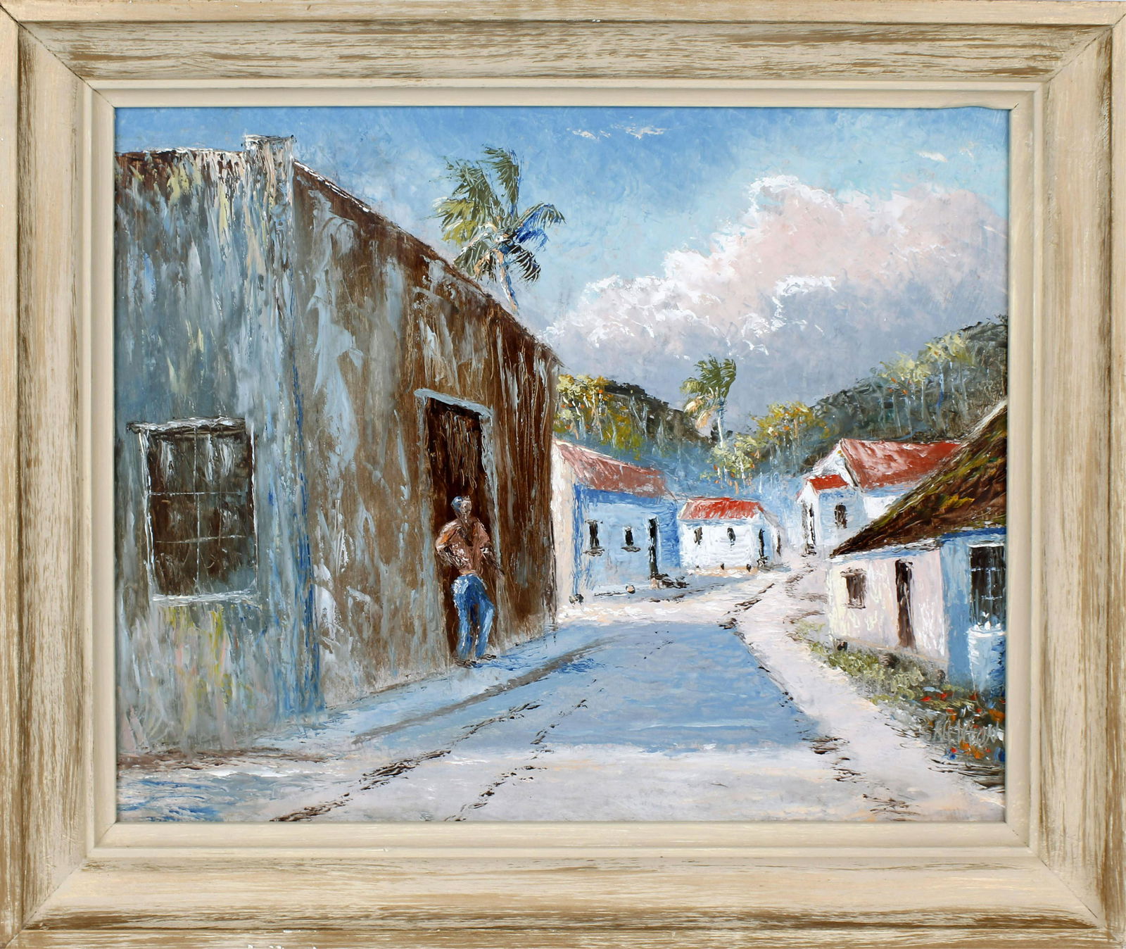 SAM NEWTON FLORIDA HIGHWAYMEN JAMAICAN SCENE: Sam Newton, Florida Highwaymen artist, oil on masonite board. Rare Jamaican scene depicting a small town road with building lining the street and the mountainous landscape in the distance. Signed lowe