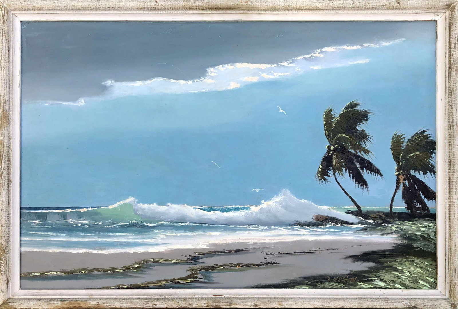 SAM NEWTON FLORIDA HIGHWAYMEN RIO MAR MIDDAY SURF: Sam Newton, FLorida Highwaymen artist, oil on upson board. Beautiful Rio Mar scene with turbulent white top waves crashing against the shore and gray clouds looming overhead. Signed lower right, board
