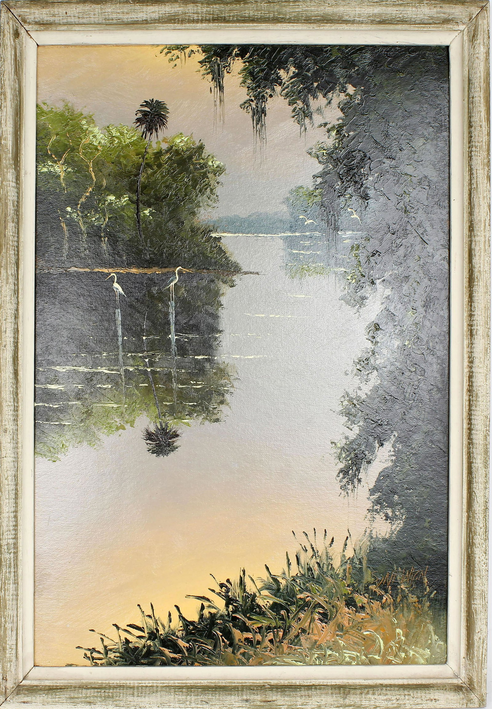 SAM NEWTON FLORIDA HIGHWAYMEN SERENE SUNSET: Sam Newton Florida highwaymen 18x24 oil on upson. Several birds enjoy the serenity as the reflection of the orange sun glows against the green foliage. Signed lower right corner. Size: 18x24 Condition