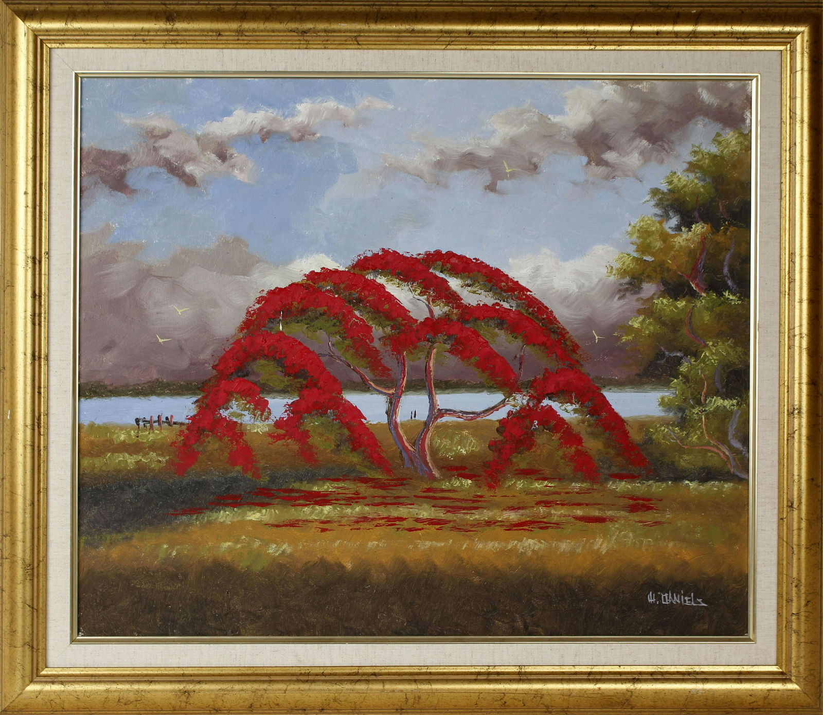 WILLIE DANIELS FLORIDA HIGHWAYMEN ROYAL POINCIANA: Willie Daniels, Florida Highwaymen artist, oil on canvas. Beautiful Royal Poinciana tree with dark storm clouds looming in the distance. Signed lower right, canvas measures 24" x 20" Condition: Very F