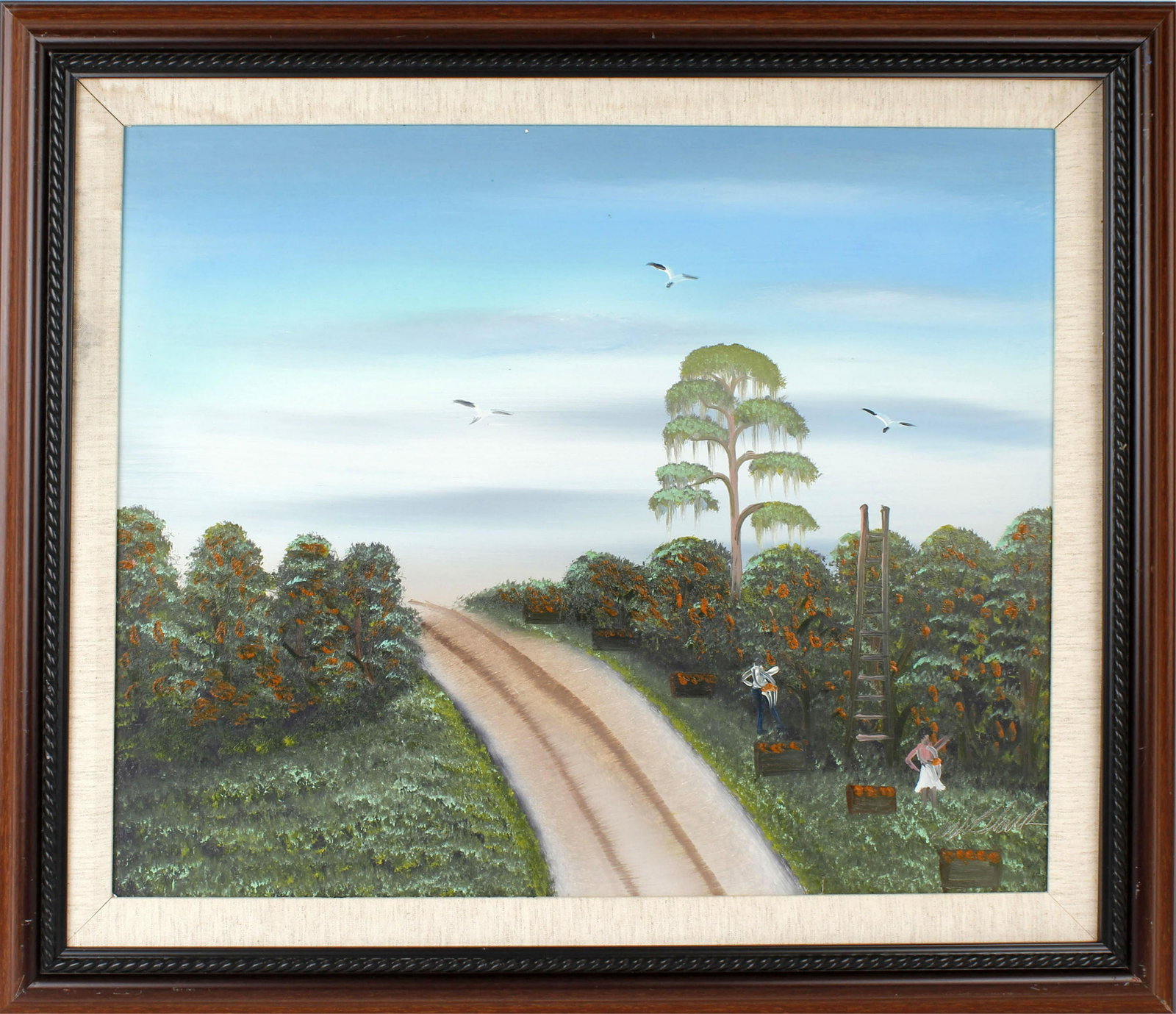 AL BLACK FLORIDA HGHWAYMEN INDIAN RIVER ORANGES: Al Black, Florida highwaymen artist, oil on board. Classic Indian River Orange grove scene with workers along the road. Board measures 24" x 20", signed lower right. Condition: Very Fine.
