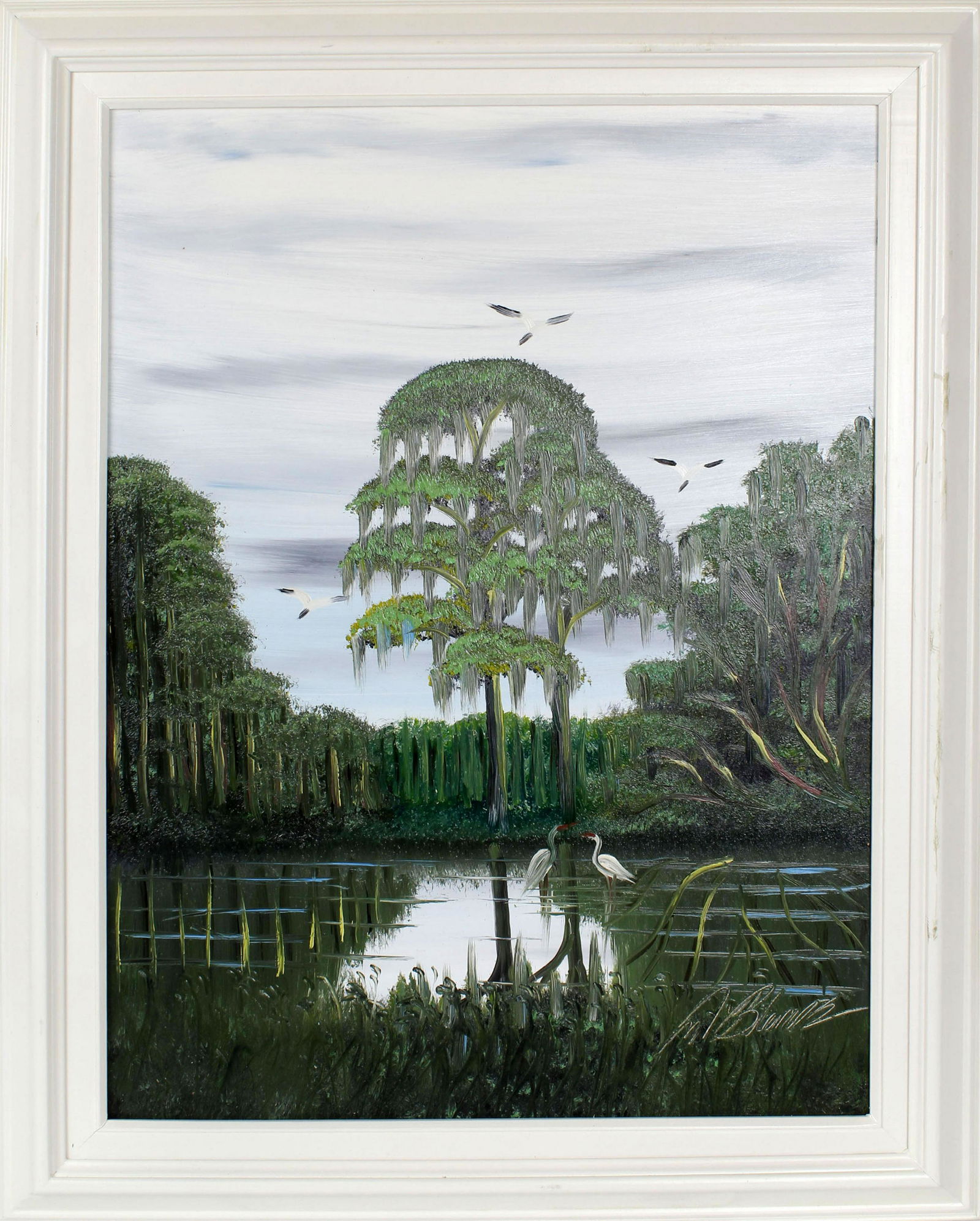 AL BLACK FLORIDA HIGHWAYMEN PAINTING CLOUDY DAY: Al Black florida highwaymen painting. 18 x 24 oil on masonite in a white frame. Wildlife rules the river in this beautiful scene of a cloudy day with the local birds. Size: 18 x 24