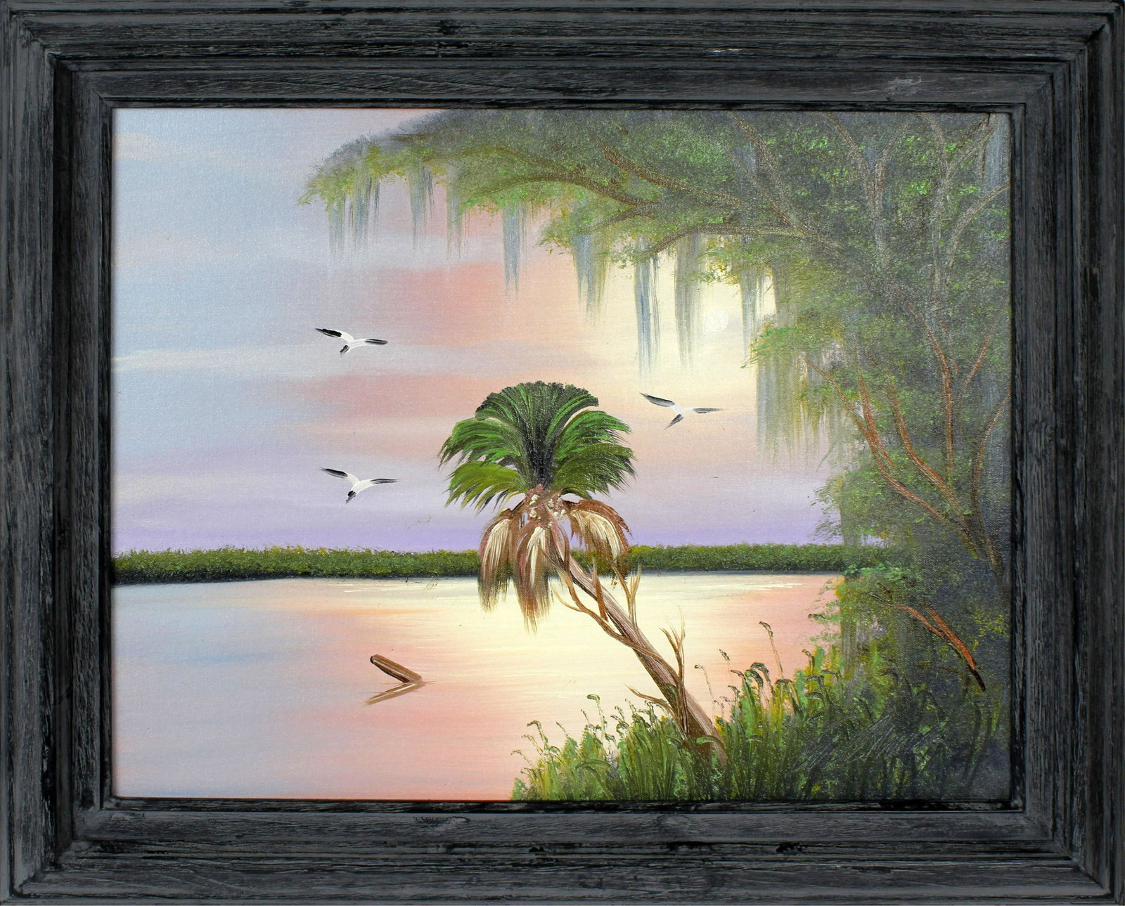 AL BLACK FLORIDA HIGHWAYMEN PAINTING PINK WATER: Al Black florida highwaymen painting. 16 x 20 oil on canvas in a dark wood frame. The pinks and purples of the sky dance on the water in this magnificent sunset over the water. Several birds soar in t