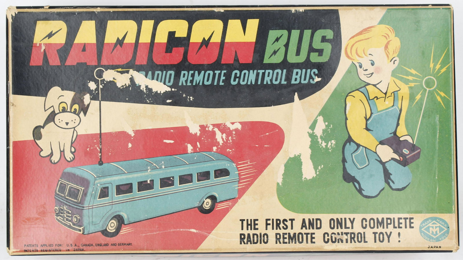 JAPAN BATTERY OPERATED RADICON BUS W/ ORIGNAL BOX: Excellent battery operated Radicon Bus. All original and complete. Very early remote control bus. Has both antennas. With Box and inserts. 16" Excellent