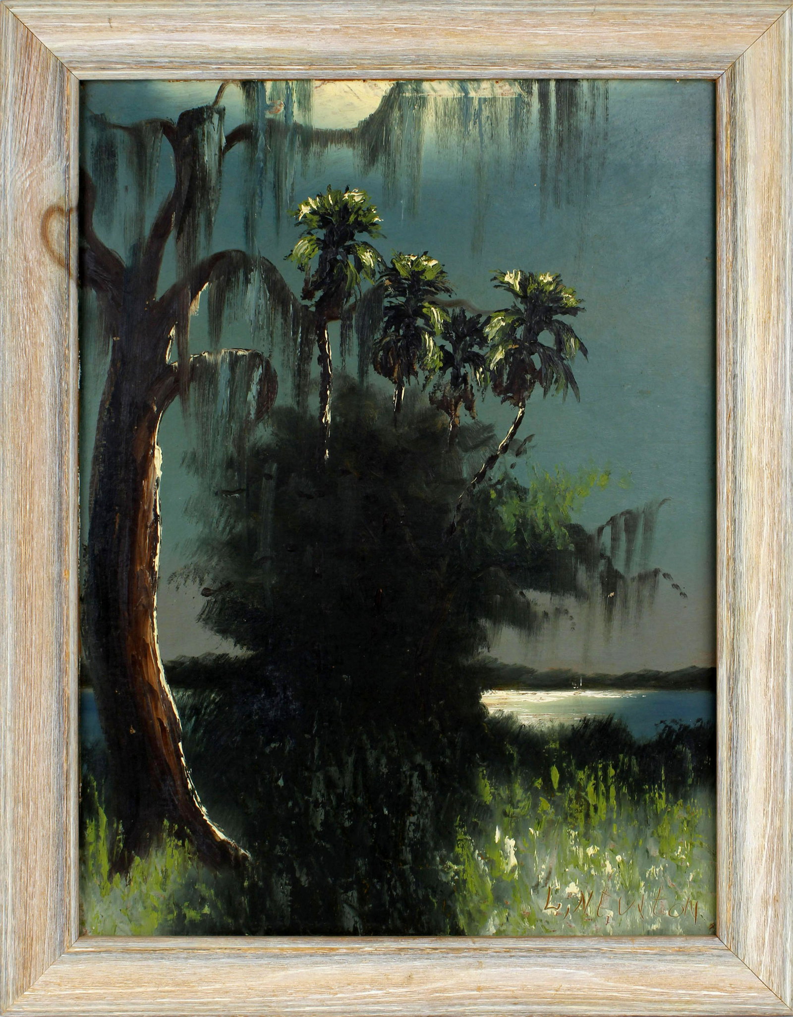 LEMUEL NEWTON FLORIDA HIGHWAYMEN MOONLIT RIVER: Lemuel Newton, Florida highwaymen artist, oil on upson board. Beautiful moonlit river scene with palm trees swaying in the breeze and Spanish moss dripping from the live oak tree. Board measures 18" x