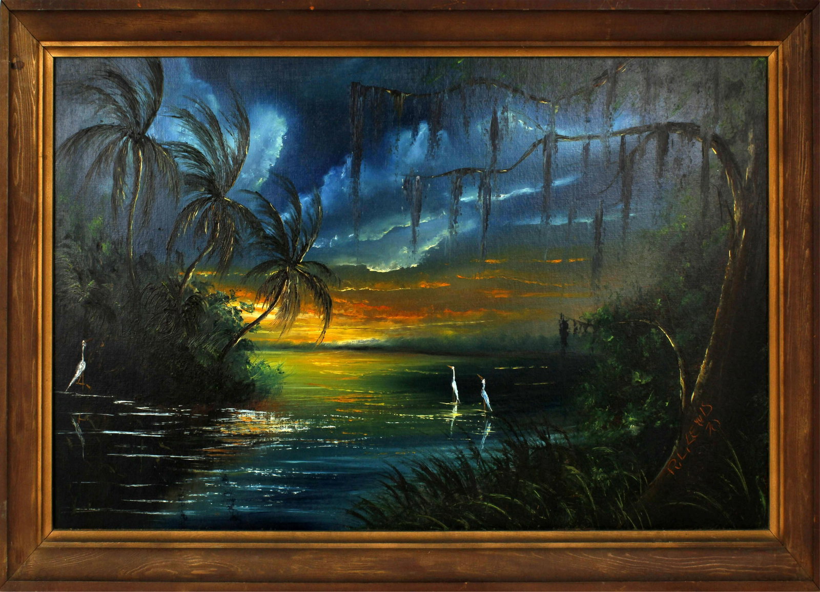 R.L. LEWIS FLORIDA HIGHWAYMEN SUNSET RIVER SCENE: R.L. Lewis, Florida highwaymen artist, oil on upson board. Vibrant St. Lucie river scene at sunset with bright blue skies set against the still reflective waters. Board measures 21" x 36", signed and 