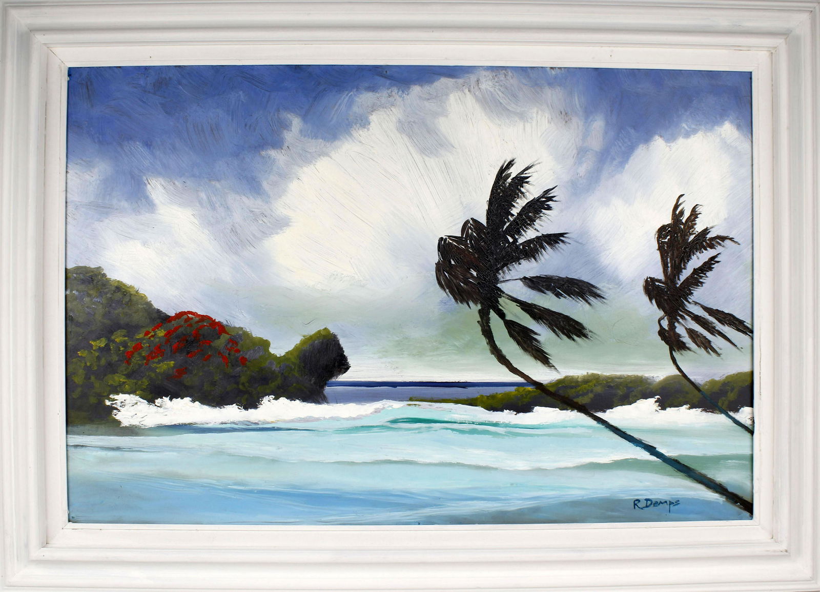 RODNEY DEMPS FLORIDA HIGHWAYMEN RIO MAR SEASCAPE: Rodney Demps, Florida Highwaymen artist, oil on masonite. Rio Mar seascape with beautiful white top crash waves and a blooming Poinciana tree on the shore line. Board measures 24" x 36", signed lowerr