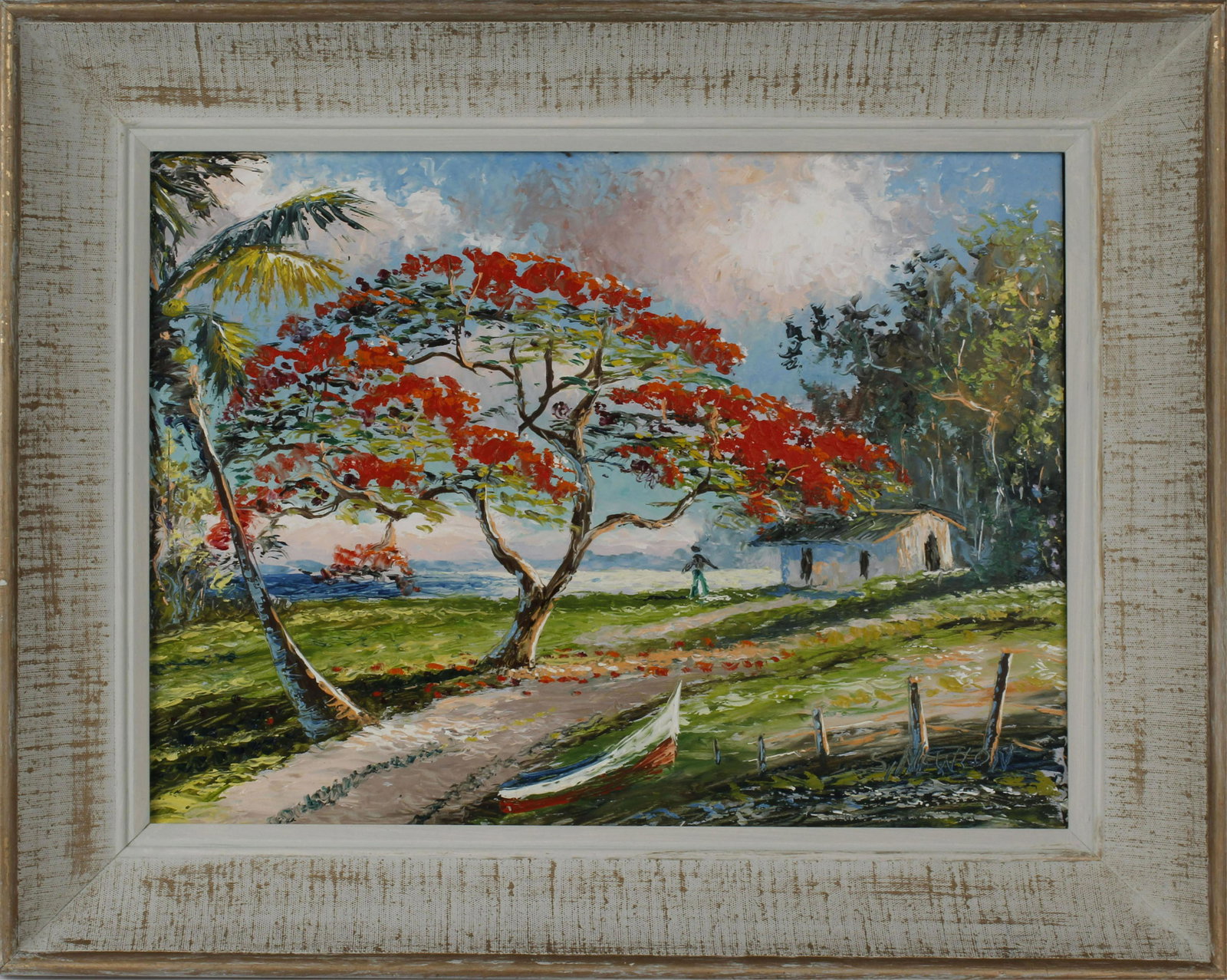 SAM NEWTON FLORIDA HIGHWAYMEN POINCIANA ROAD: Sam Newton, Florida Highwaymen artist, oil on masonite. Rare Royal Poinciana tree scene along a dirt road leading to a small home with a person looking out to the water. Board measures 12" x 16", sign