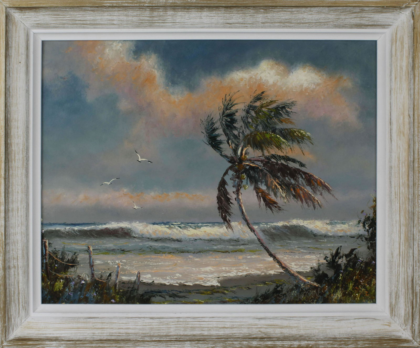 SAM NEWTON FLORIDA HIGHWAYMEN RIO MAR SEASCAPE: Sam Newton, Florida Highwaymen artist, oil on masonite. Beautiful Rio Mar seascape scene with a palm tree swaying gently in the wind and white top waves crashing along the shore. Board measures 16" x