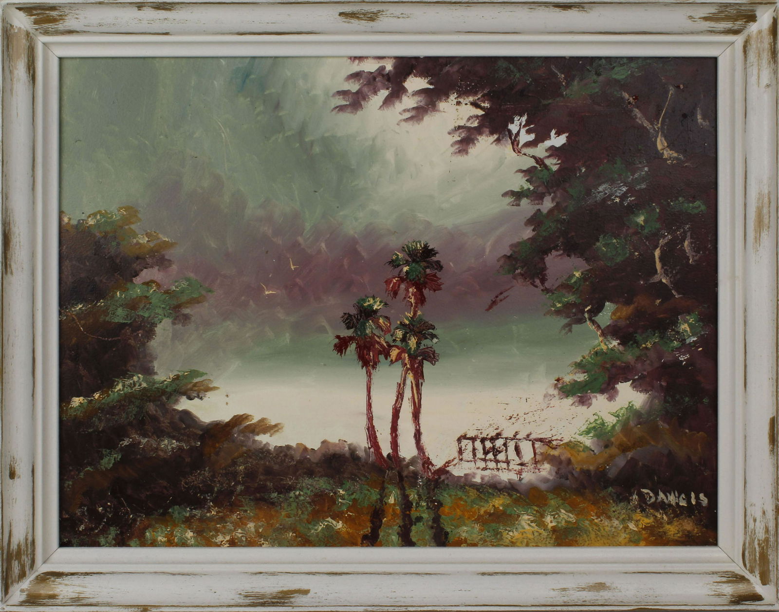 WILLIE DANIELS FLORIDA HIGHWAYMEN INDIAN RIVER: Willie Daniels, Florida Highwaymen artist, oil on masonite. Indian River scene at twilight, with teal and purple skies. Board measures 18" x 24", signed lower right. Condition: Very Fine.