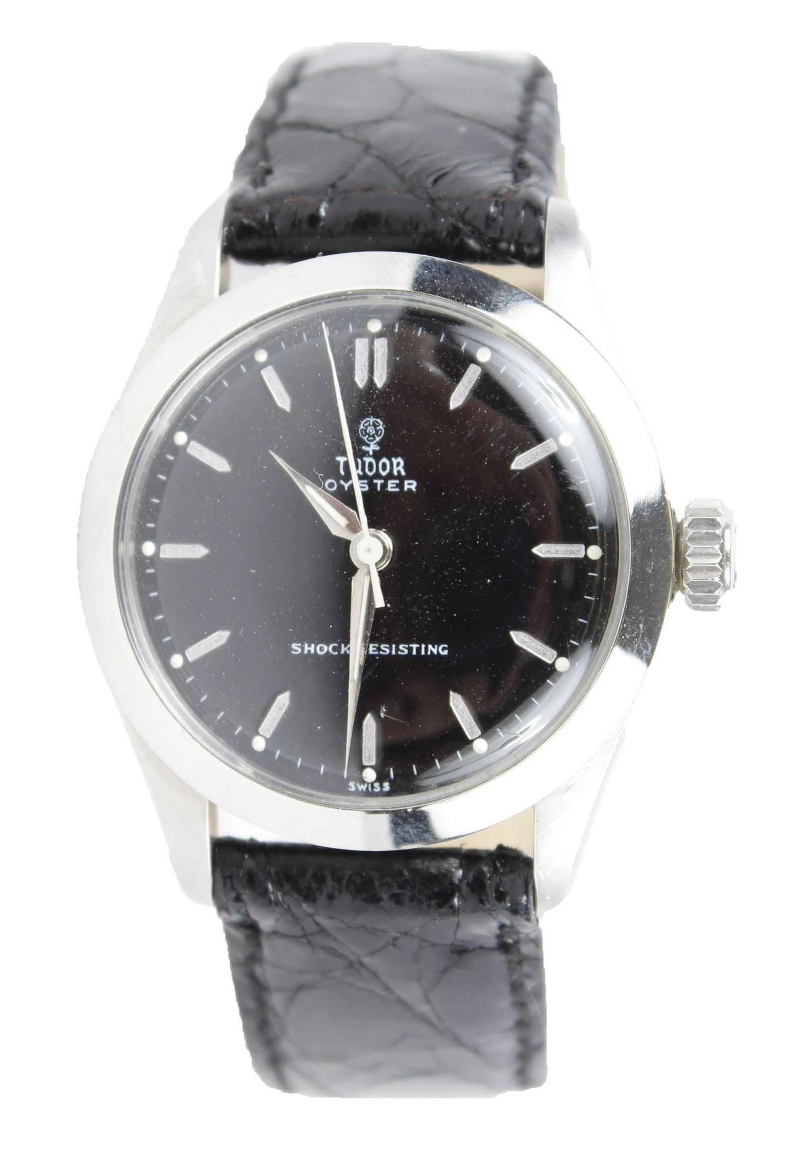 MENS STAINLESS STEEL ROLEX TUDOR OYSTER WATCH: Men's stainless steel mid size Tudor oyster, XXX millimeter diameter. Model Number 77262. Black Dial, White luminescent indicators and stick markers. Self Winding Automatic movement.