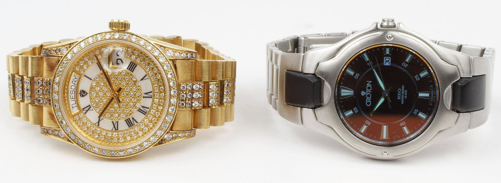 LOT OF 2 - CROTON AUTOMATIC MENS WRISTWATCHES: Lot of two Men's Croton Automatic wristwatches. (1)gold tone sapphire crystal, cz micro pave. (1) stainless quartz mineral crystal with orange sheen.