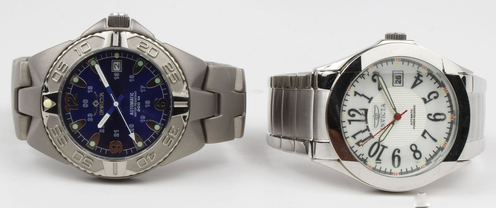 LOT OF 2 - INVICTA MEN'S AUTOMATIC WRISTWATCHES: Lot of 2 men's Invicta wristwatches. (1) Stainless, White dial, (1) Stainless, bright blue dial. Need repair.