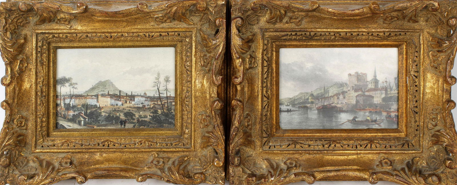 PAIR OF MINIATURE 19TH CENTURY PRINTS: Pair of miniature 19th century prints in ornate gold frames. Depicting two different cityscapes in the same design and color combination. Measures 12" x 10" Condition: Very Fine.