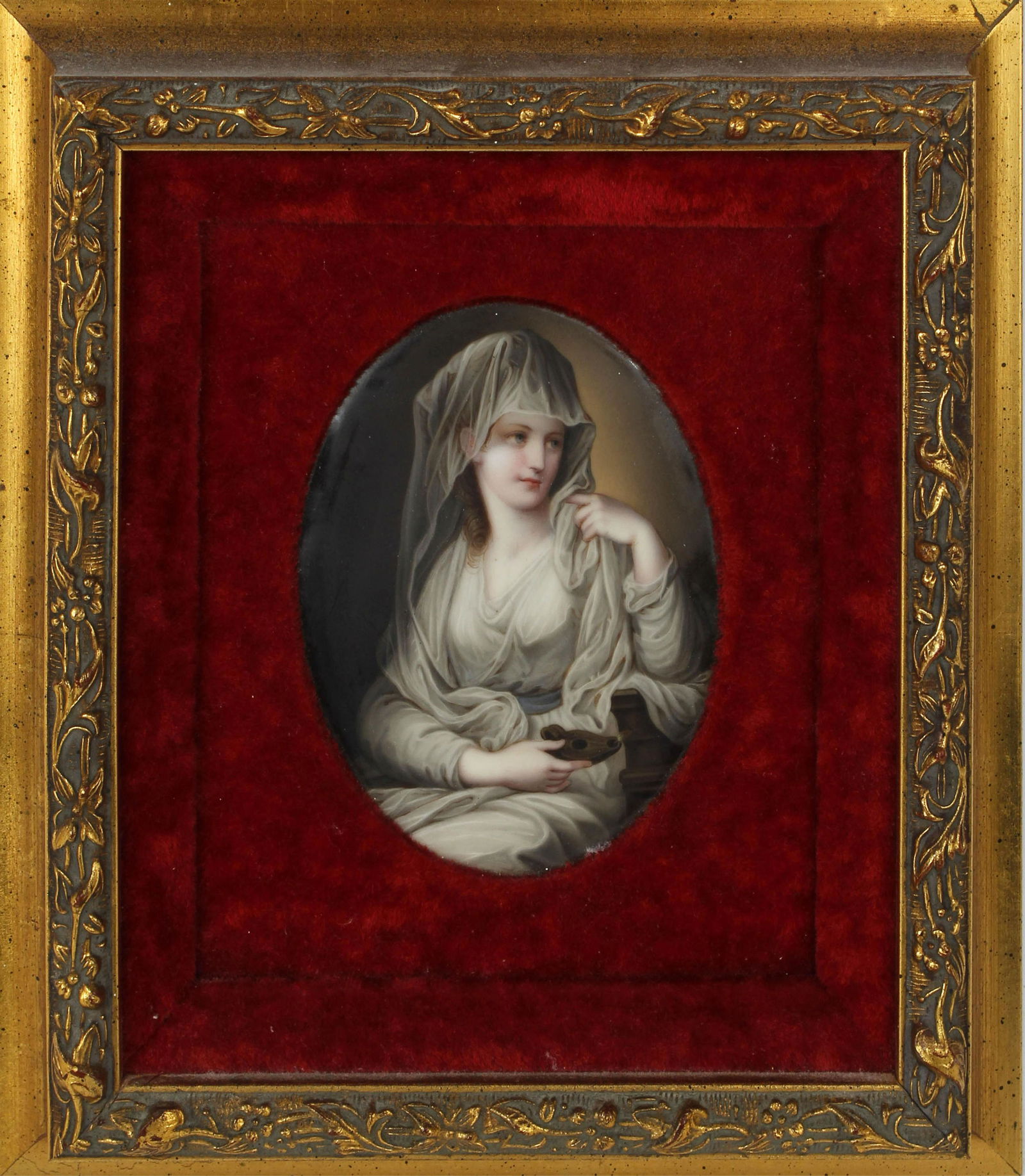 KPM STYLE PORCELAIN PORTRAIT OF A BRIDE: A primarily monochrome image of Judean bride with an oil lamp in her hand. Light blushes of color contrast her face and skin against her vail. 4x5" Framed to an overall size of 9x10" Condition: Very F