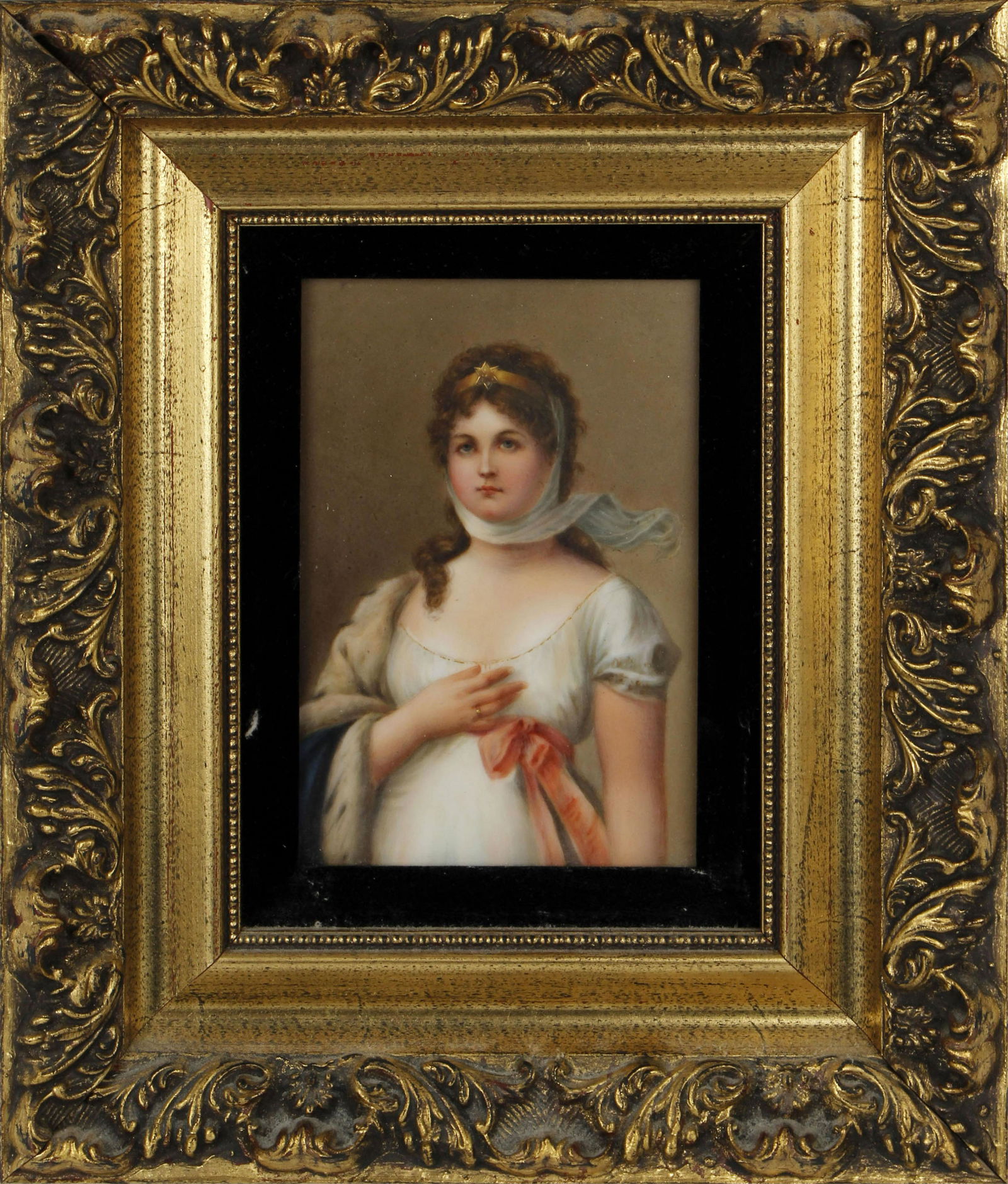 KPM STYLE PORTRAIT OF QUEEN KONIGIN LOUISE: Florentine made antique painted porcelain depicting Queen Konigin Louise after the original painting by Gustav Carl Ludwig Richter. Guilded with 24K gold in the wedding band and coronation crown. In t