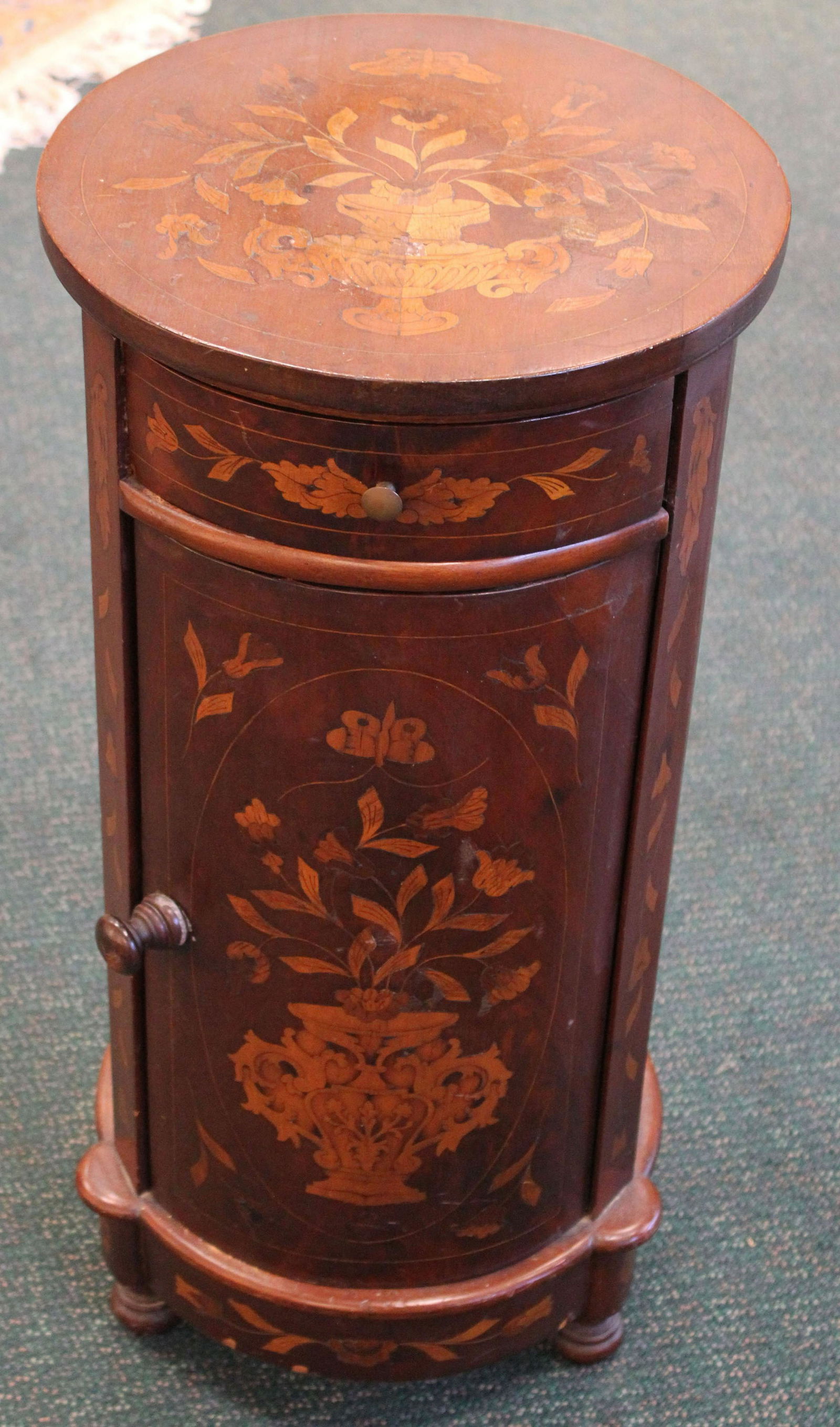 ANTIQUE INLAID SIDE TABLE: Antique Italian inlaid wood side table with cabinet console. Sorrento, circa 1900. some loss of inlay but overall presentable. m Size: 30X14"