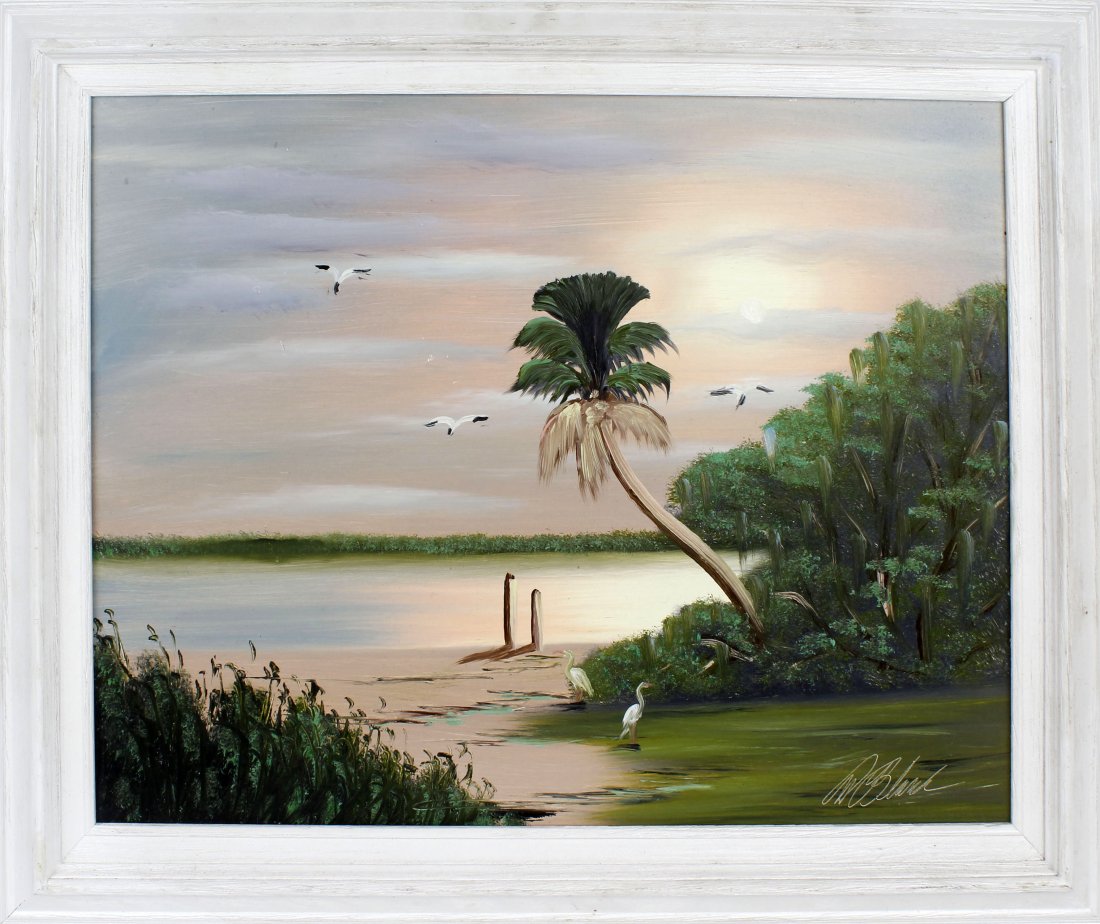 AL BLACK FLORIDA HIGHWAYMEN ST. LUCIE RIVER SUNSET: Al Black, Florida highwaymen artist, oil on board. St. Lucie river sunset with wildlife along the waters edge. Board measures 18" x 24", signed lower right.