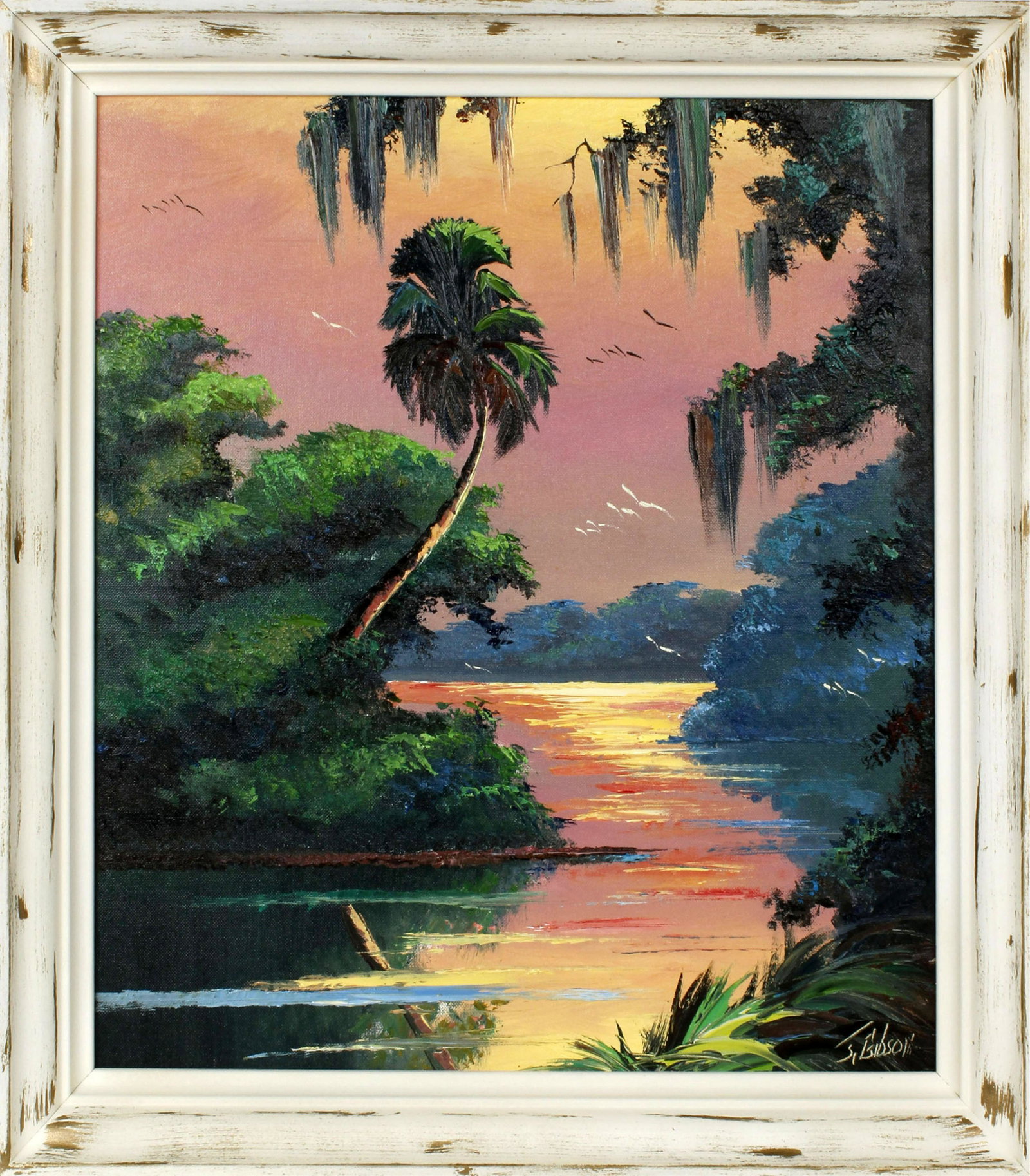 JAMES GIBSON FLORIDA HIGHWAYMEN SOUTH FORK SUNRISE: James Gibson, Florida Highwaymen artist, oil on vintage artist board. Vivid sunrise along the south fork of the St. Lucie river, with lightly rippling waters reflecting the glow of the sun. Board meas