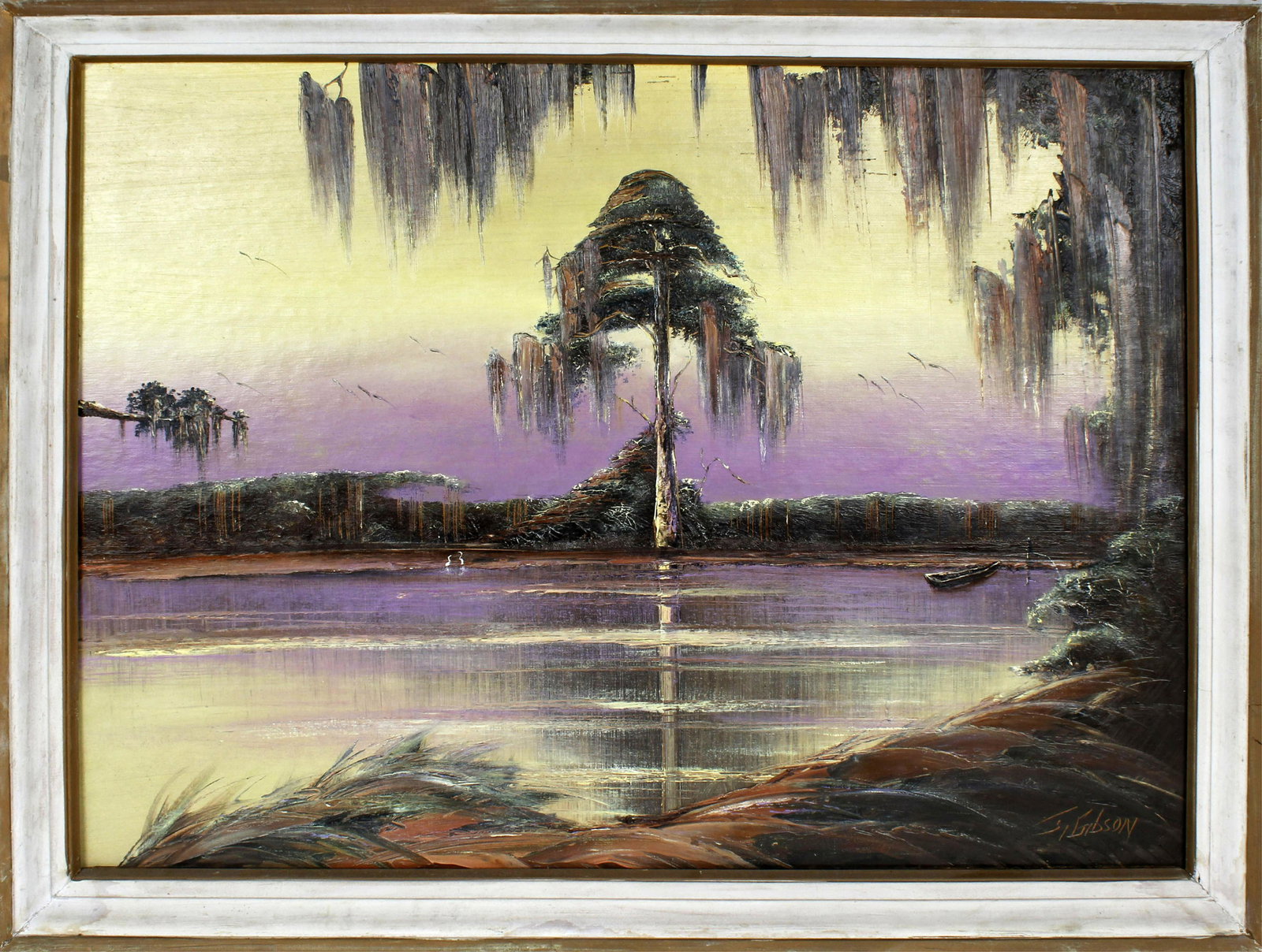 JAMES GIBSON FLORIDA HIGHWAYMEN SPANISH MOSS: James Gibson, Florida Highwaymen, Oil on upson. Muted green trees drip with brown Spanish moss in front of a purple sky as a fisherman's boat waits for it's next sail on the water. Board measures 29"x