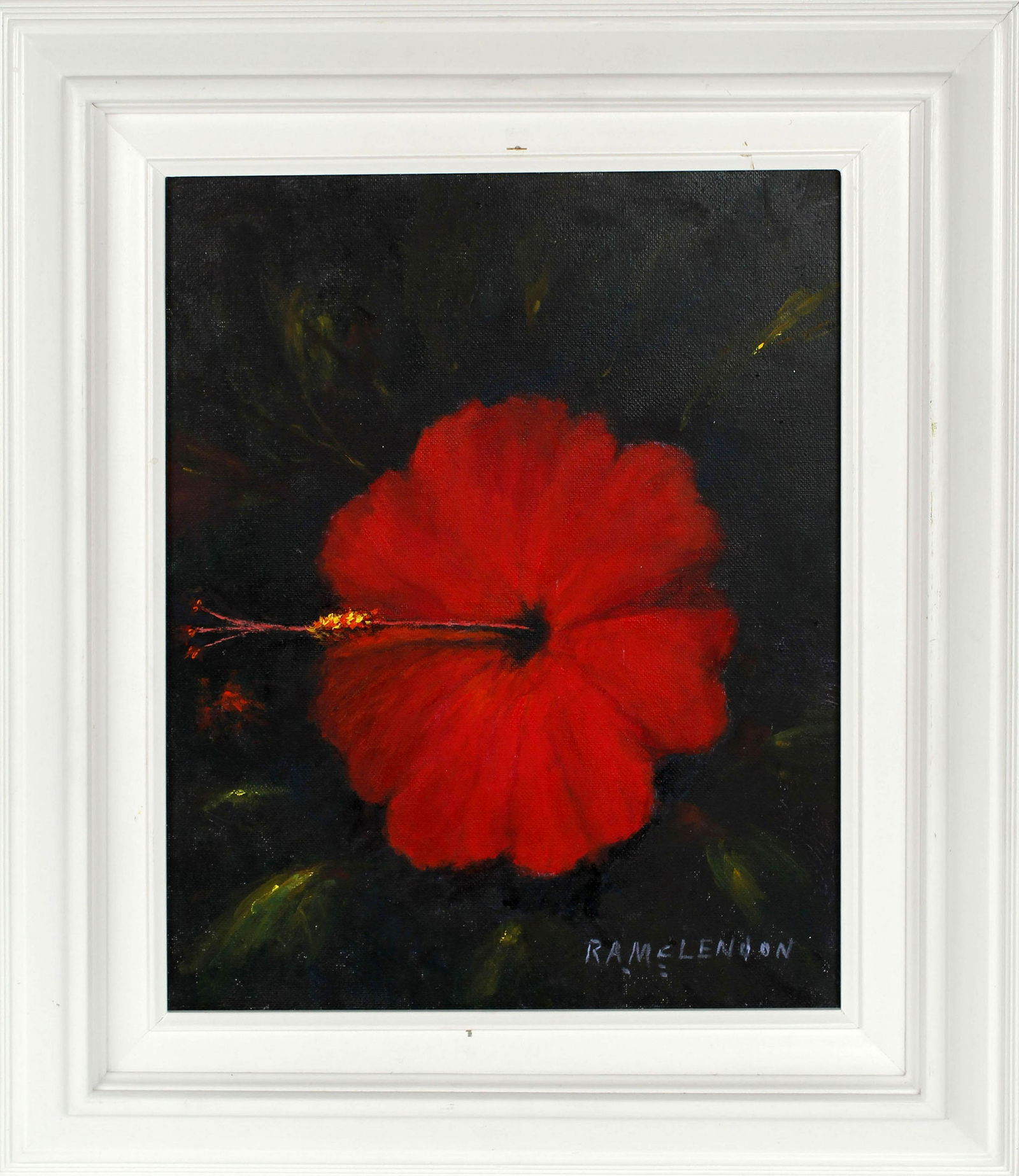 R.A. MCLENDON FLORIDA HIGHWAYMEN RED HIBISCUS: R.A. (Roy) McLendon, Florida Highwaymen, Oil on stretched canvas. Macro painting of a bright red hibiscus flower. The deep brown and green background showcases the vibrant color. Condition: Very Fine